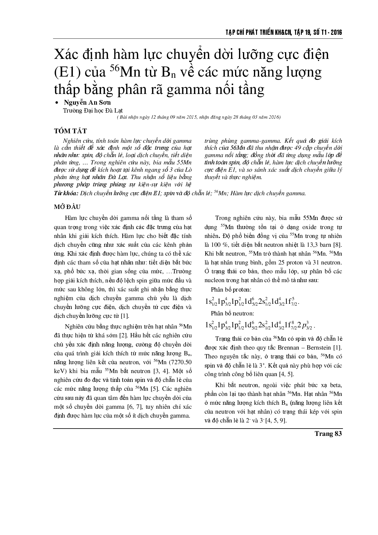 Xác định hàm cường độ tia gamma lưỡng cực điện (E1) của 56Mn từ mức Bn đến mức thấp bằng các bậc thang gamma hai bậc