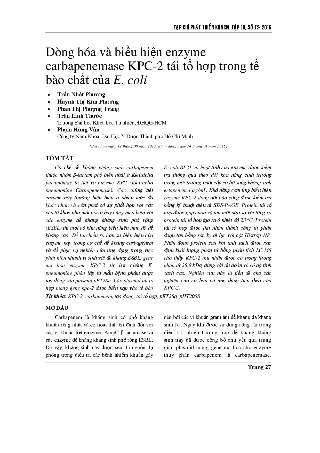 Clonning and expression of recombinant carbapenemase KPC-2 enzyme in E. coli cytoplasm