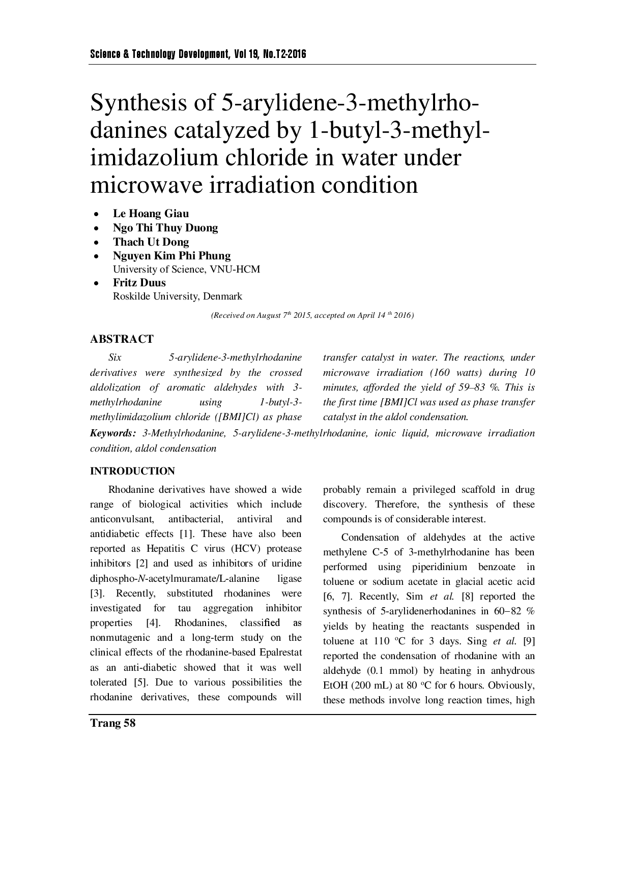 Synthesis of 5-arylidene-3-methylrhodanines catalyzed by 1-butyl-3-methylimidazolium chloride in water under microwave irradiation condition