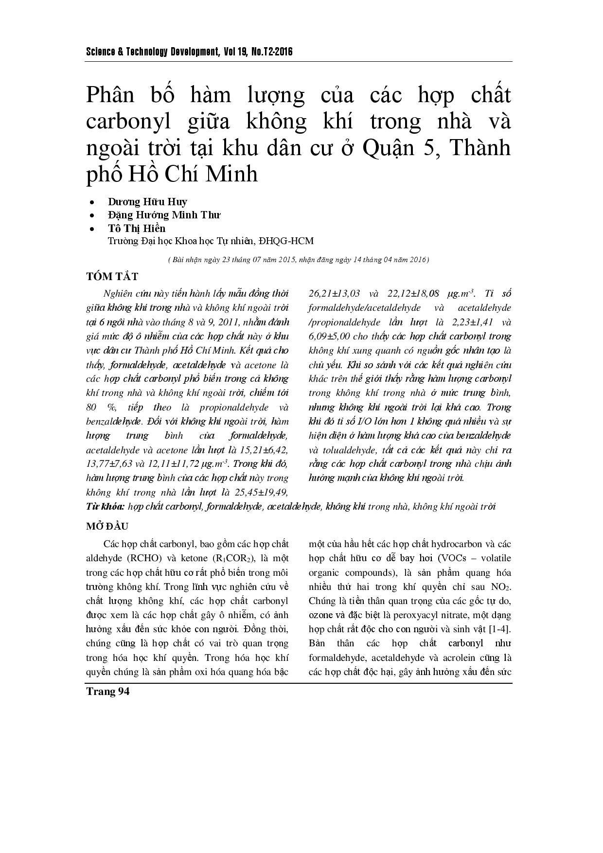 Partition of the carbonyl compounds between the indoor and outdoor air at residental areas in District 5, Ho Chi Minh City