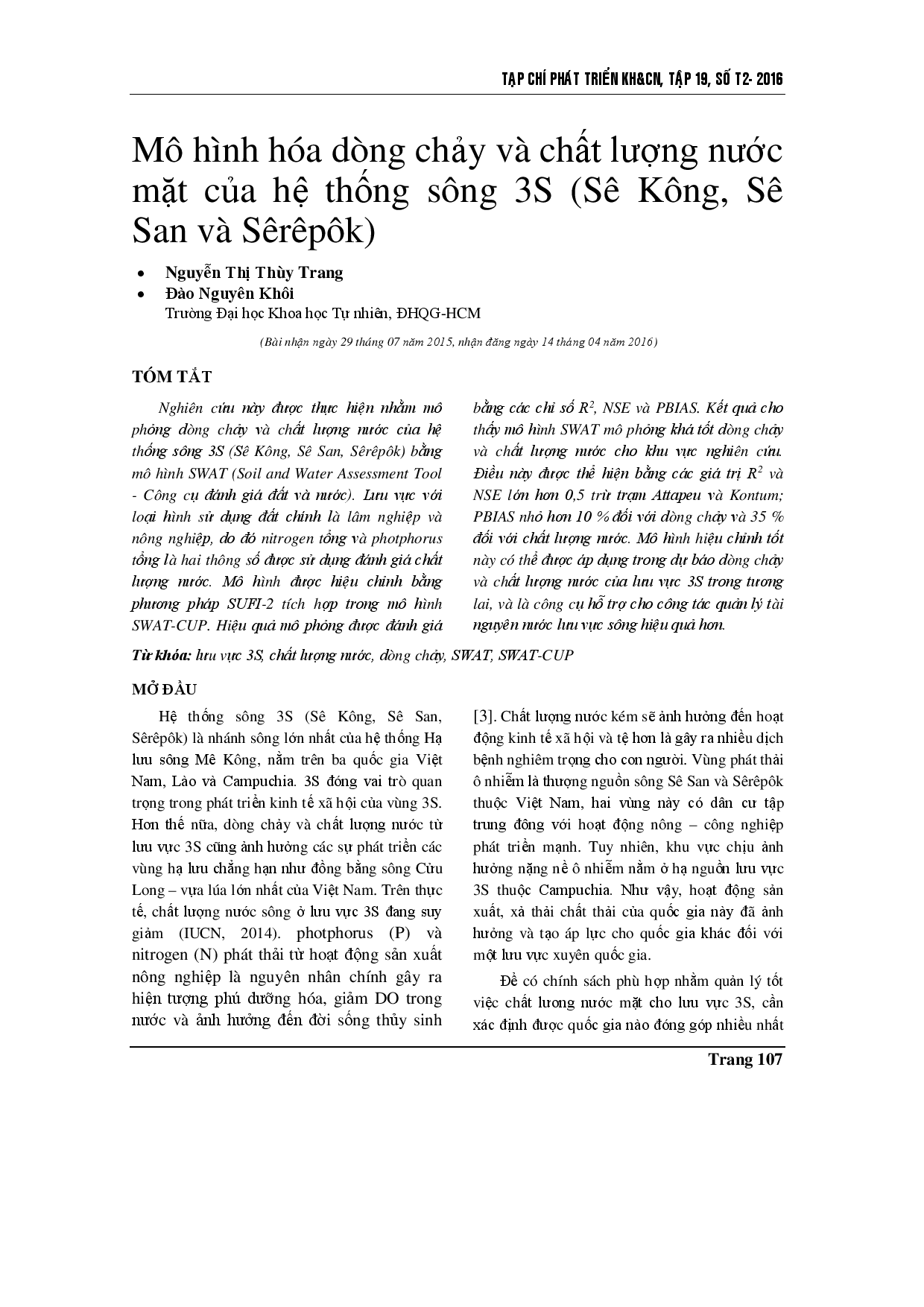 Modelling the hydrology and water quality of 3S rivers system (Sekong, Sesan and Srepok)