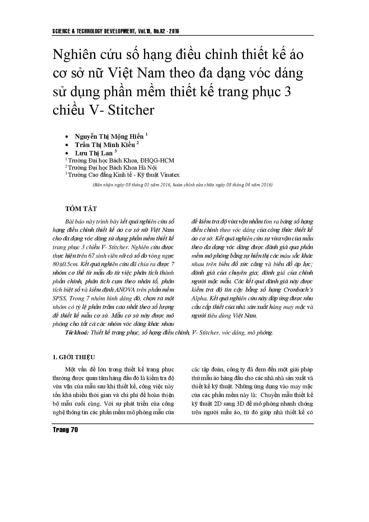 Nghiên cứu hệ số tương quan để thiết kế khối cơ bản của cơ thể cho các loại áo somat của phụ nữ Việt Nam bằng 3D V- Stitcher