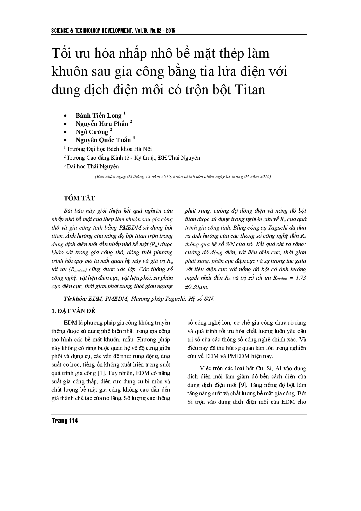 Độ nhám bề mặt tối ưu của thép khuôn trong gia công phóng điện hỗn hợp bột bằng cách sử dụng bột titan