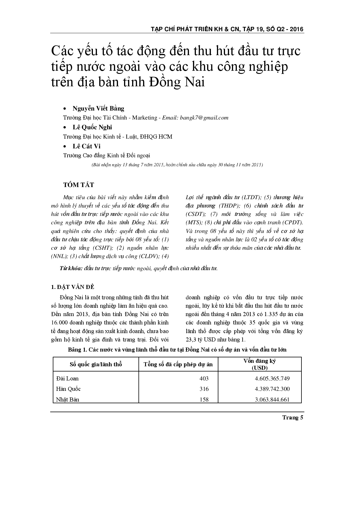 Các nhân tố ảnh hưởng đến thu hút FDI vào các khu công nghiệp ở Đồng Nai