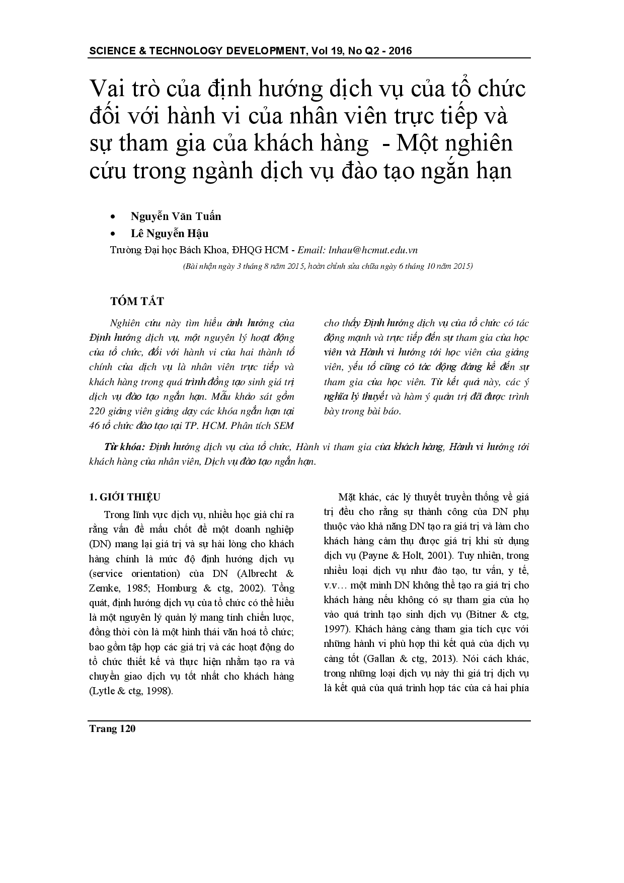 Định hướng dịch vụ của công ty, hành vi của nhân viên tuyến đầu và sự tham gia của khách hàng - Một nghiên cứu về các dịch vụ đào tạo ngắn hạn