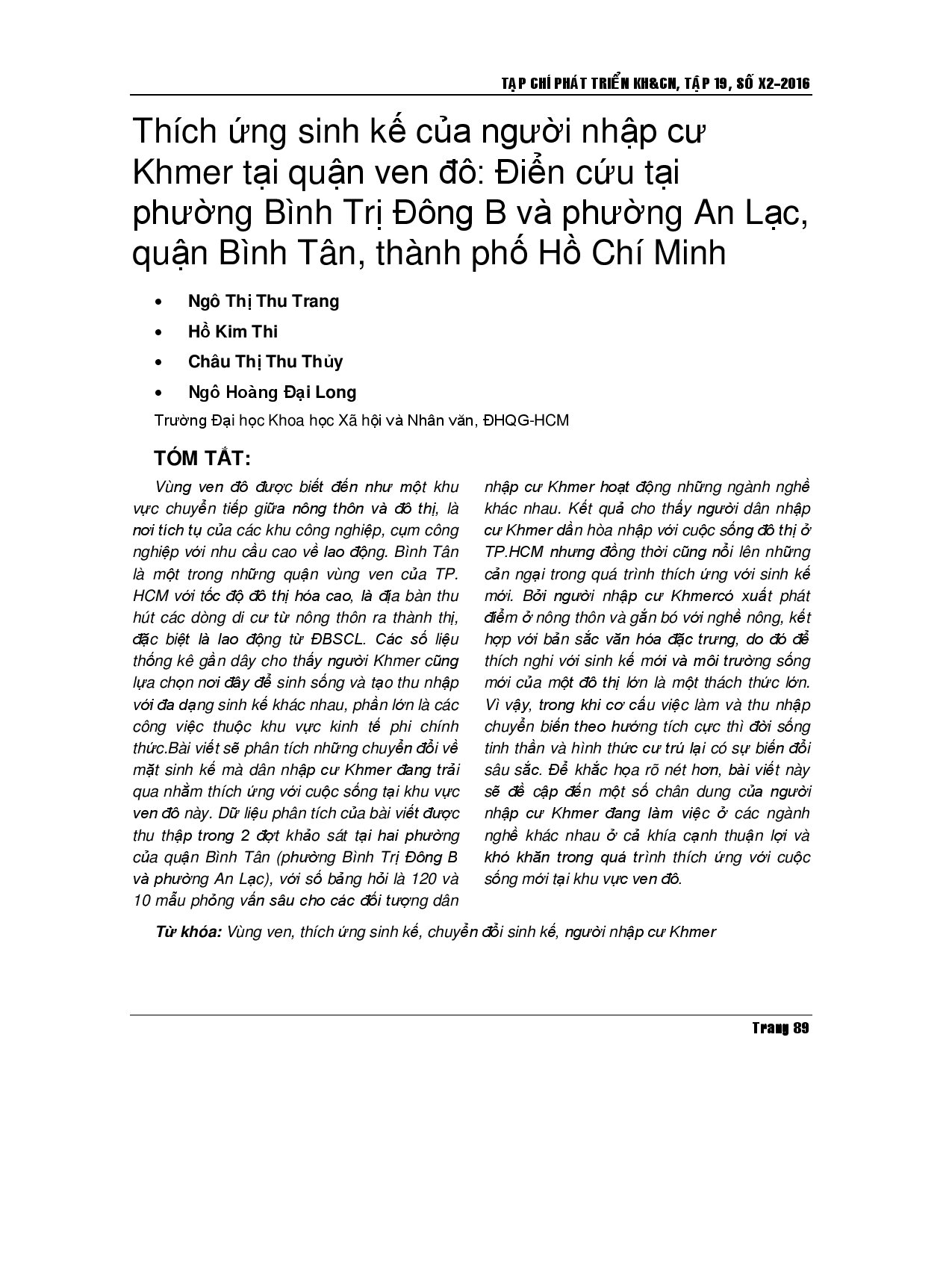 Sự thích nghi sinh kế của người Khmer nhập cư tại quận Bình Tân, Thành phố Hồ Chí Minh: một nghiên cứu điển hình từ các phường Bình Trị Đông B và An Lạc