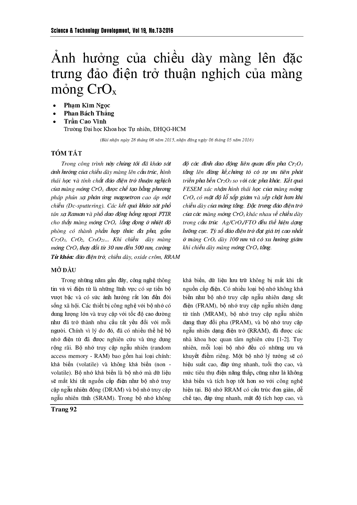 Effects of the thickness on resistive switching characteristics of CrOx thin films