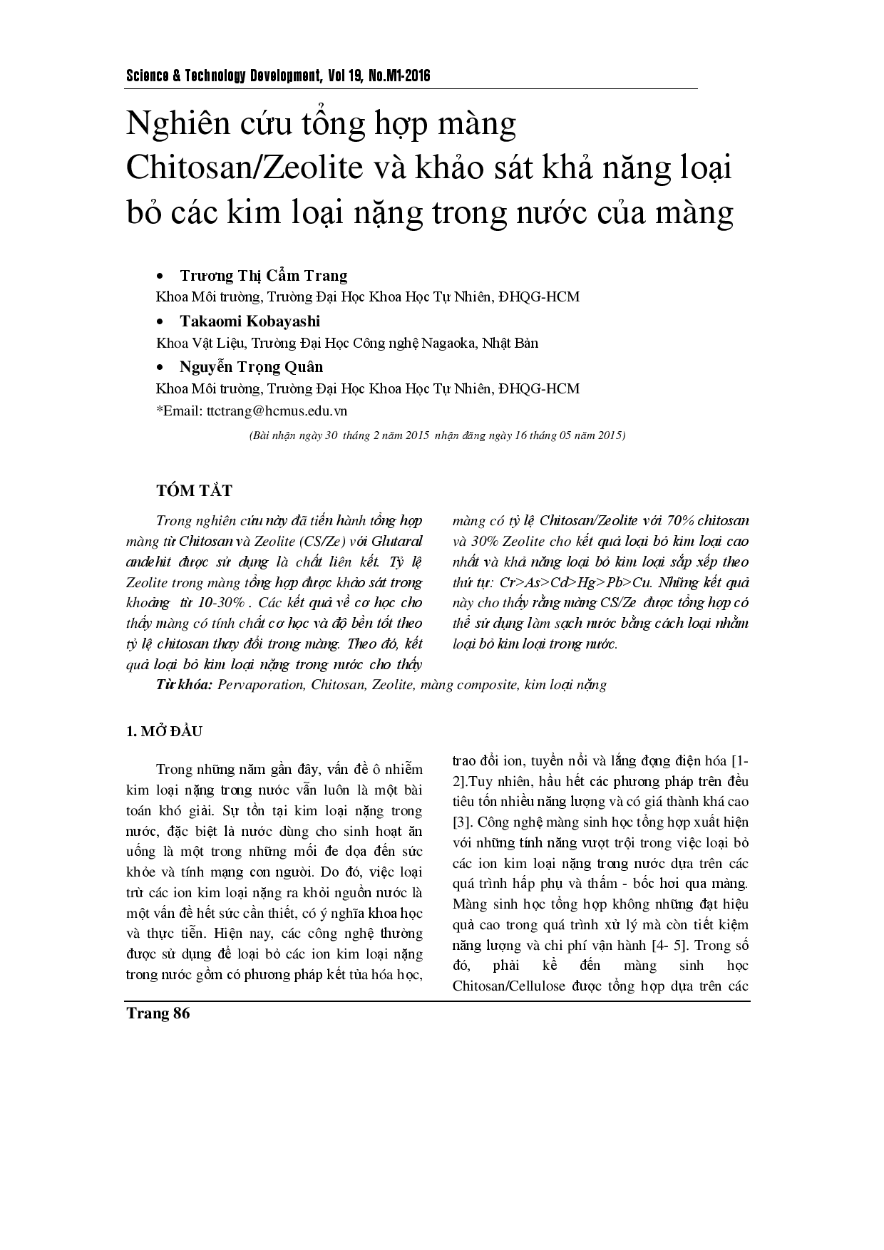 Màng composite chitosan / zeolite dùng làm vật liệu loại bỏ hiệu quả kim loại nặng từ dung dịch nước