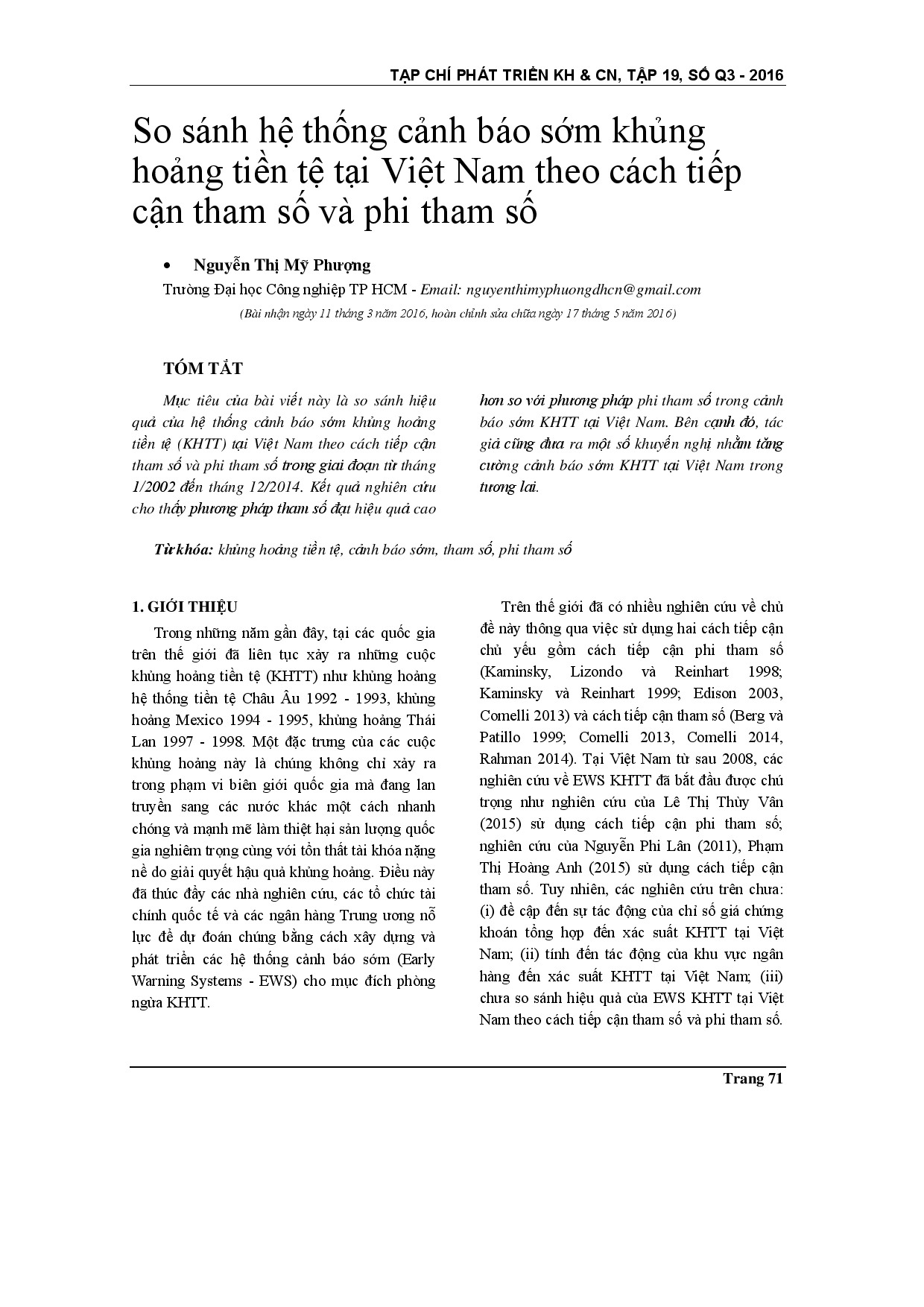 So sánh hệ thống cảnh báo sớm tham số và phi tham số cho các cuộc khủng hoảng tiền tệ ở Việt Nam