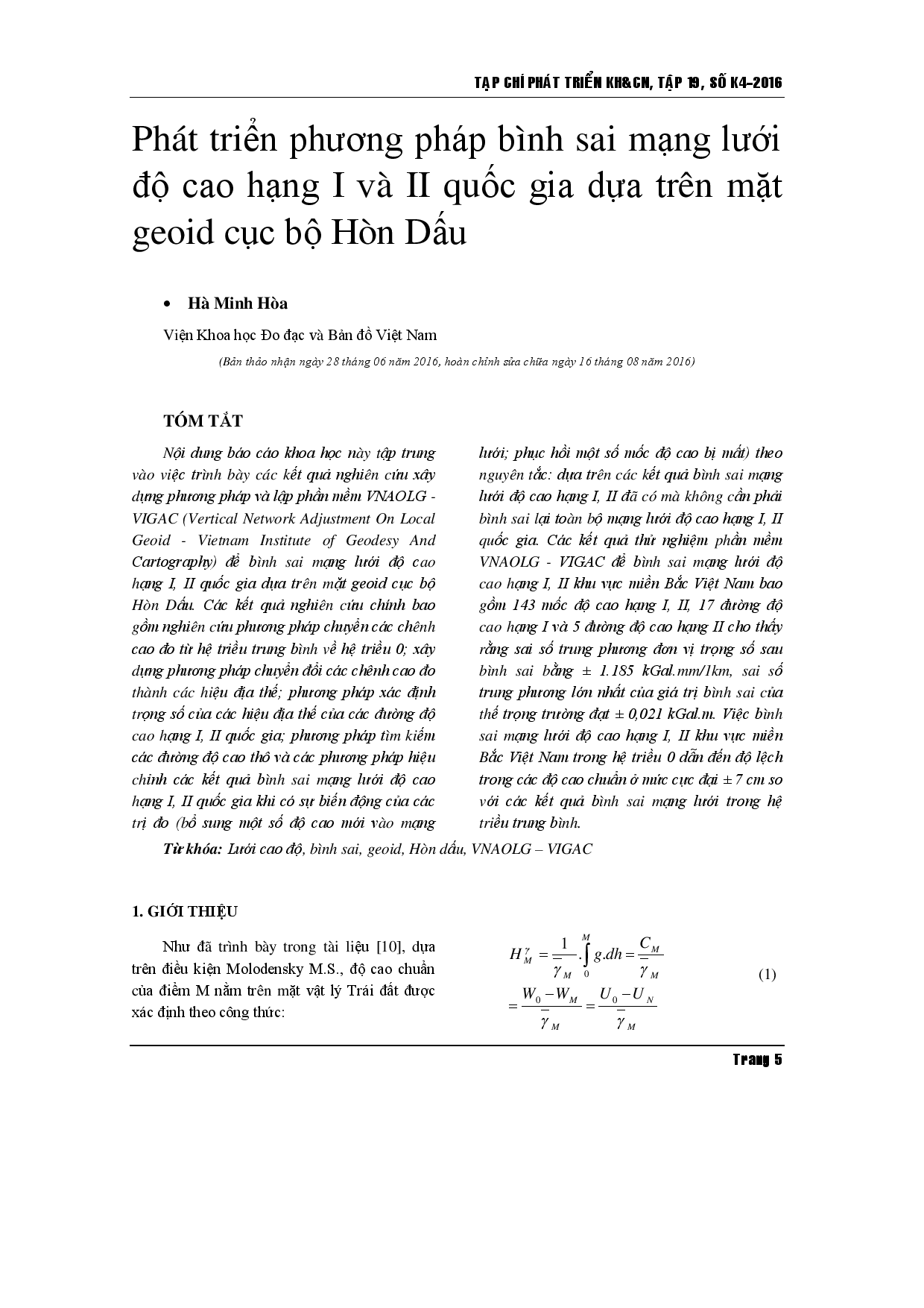 Development of method for adjusting the national vertical network in I and II orders based on the local geoid Hon Dau