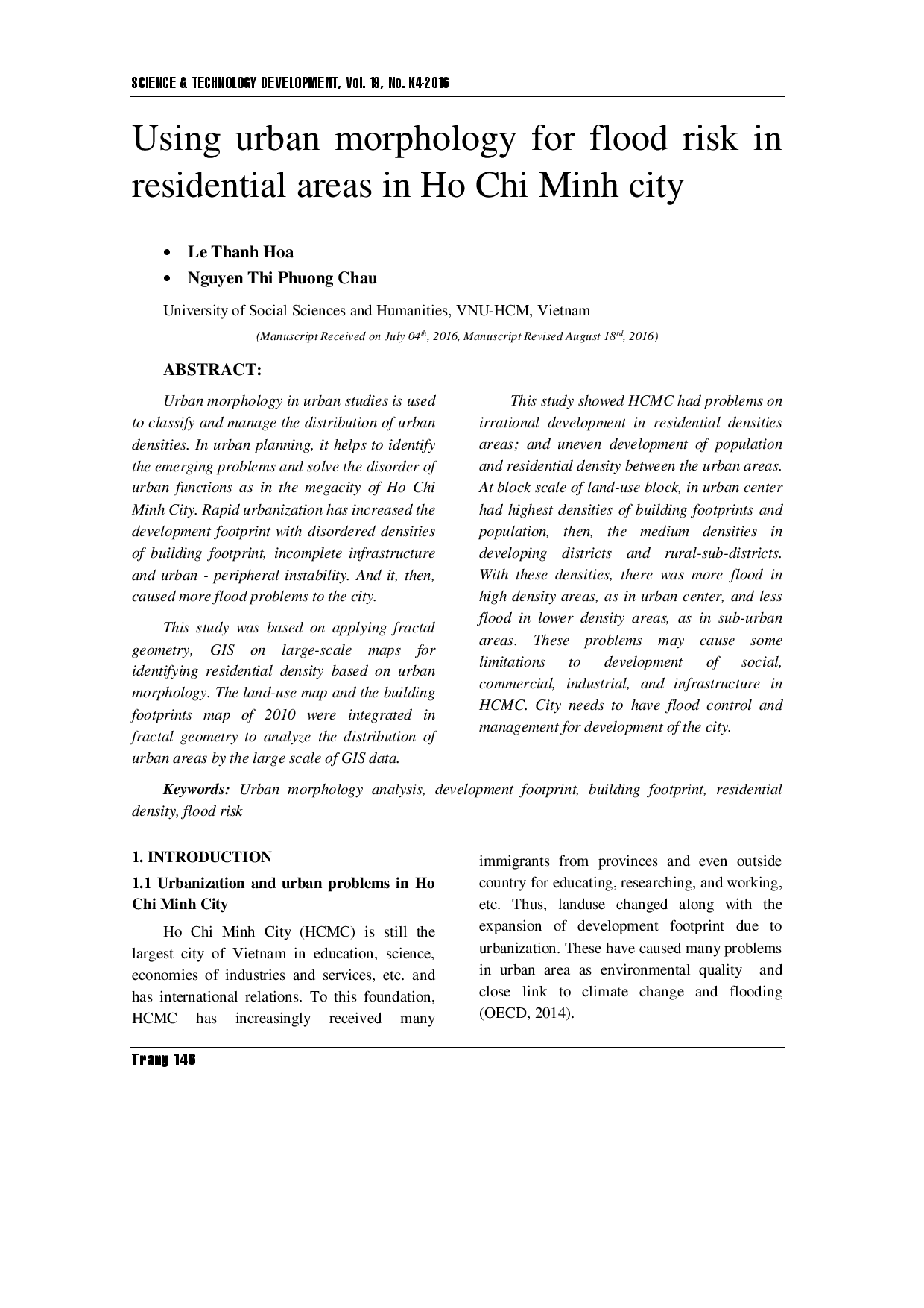 Using urban morphology for flood risk in residential areas in Ho Chi Minh city