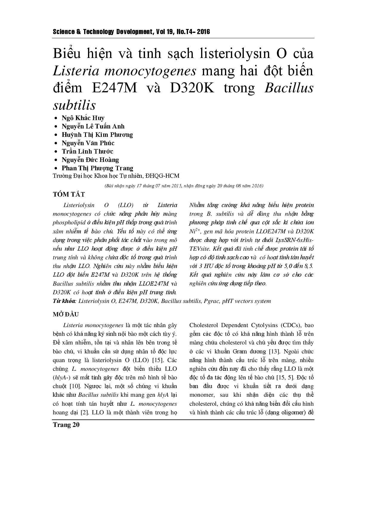 Expression and purification of listeriolysin O from Listeria monocytogenes harbouring E247M and D320K mutations in Bacillus subtilis