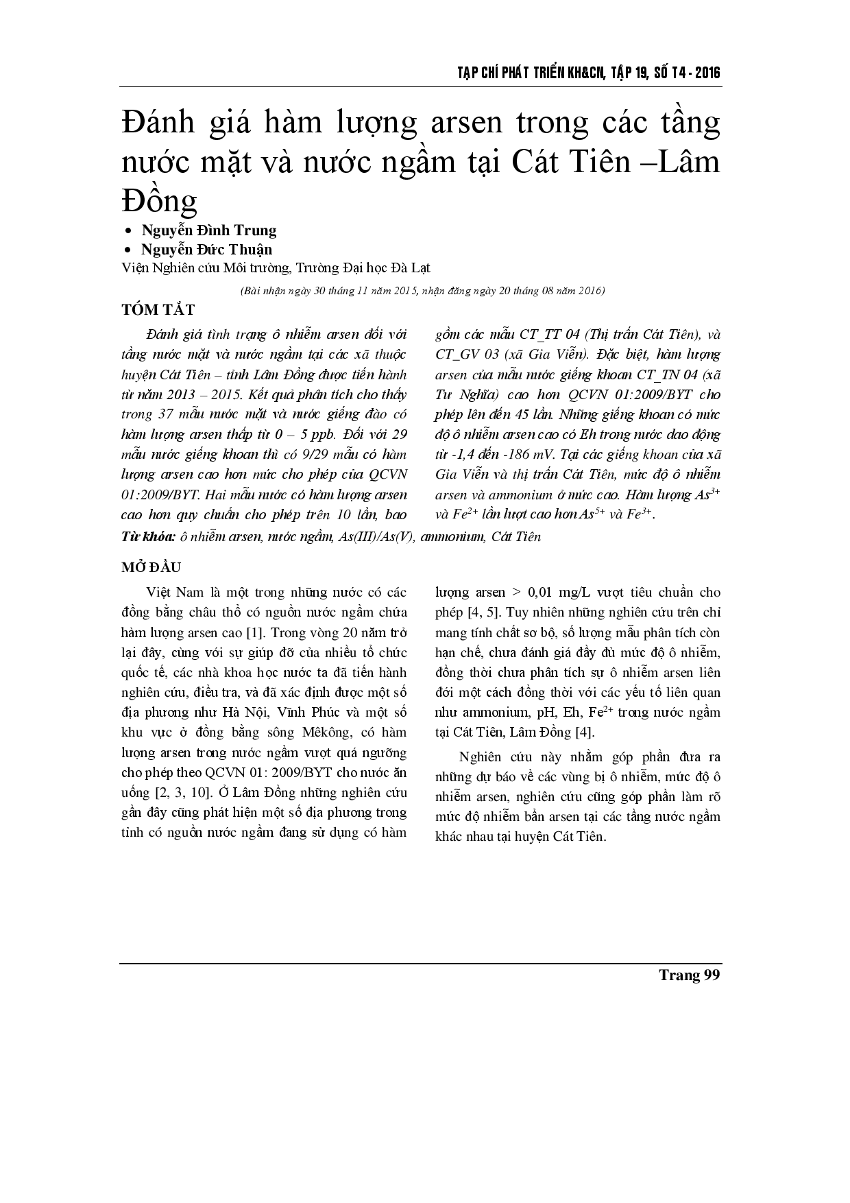 Evaluation of arsen in surface water and groundwater layers in the Cat Tien district of the Lam Dong province