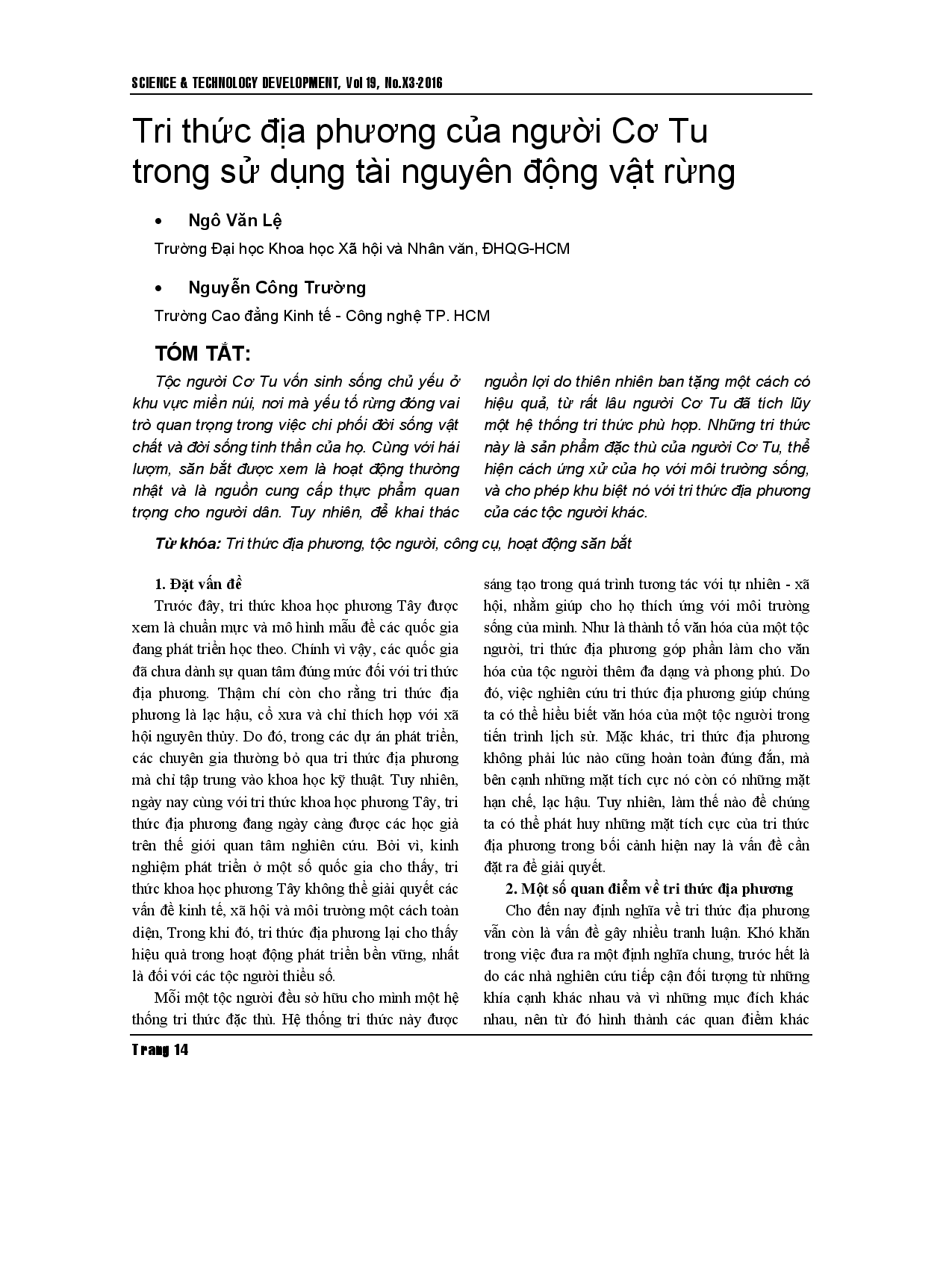 Kiến thức địa phương của người Cơ Tu trong việc sử dụng tài nguyên động vật hoang dã