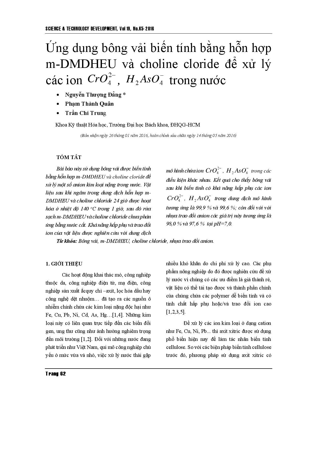 Dùng bông biến tính bằng m-DMDHEU và choline clorid để tách ion CrO42-, H2AsO4- trong dung dịch nước