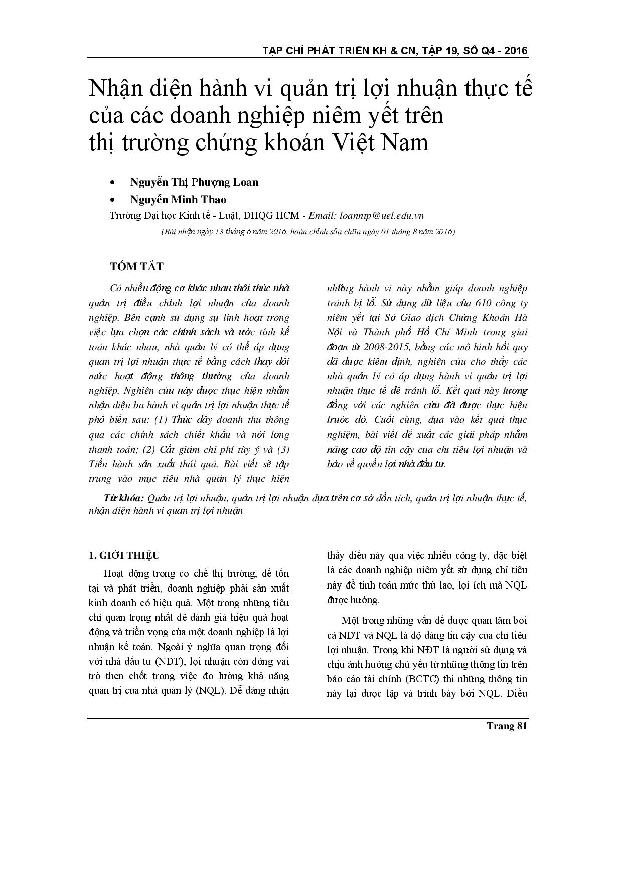 Phát hiện quản lý thu nhập thực tế: Trường hợp các công ty niêm yết của Việt Nam