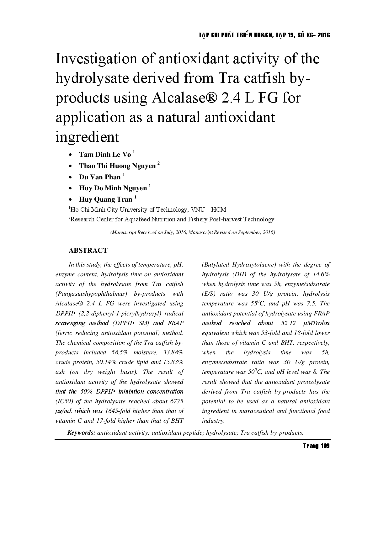 Khảo sát hoạt tính chống oxy hóa của dịch thủy phân có nguồn gốc từ phụ phẩm cá tra bằng cách sử dụng Alcalase® 2,4 L FG để ứng dụng như một thành phần chống oxy hóa tự nhiên