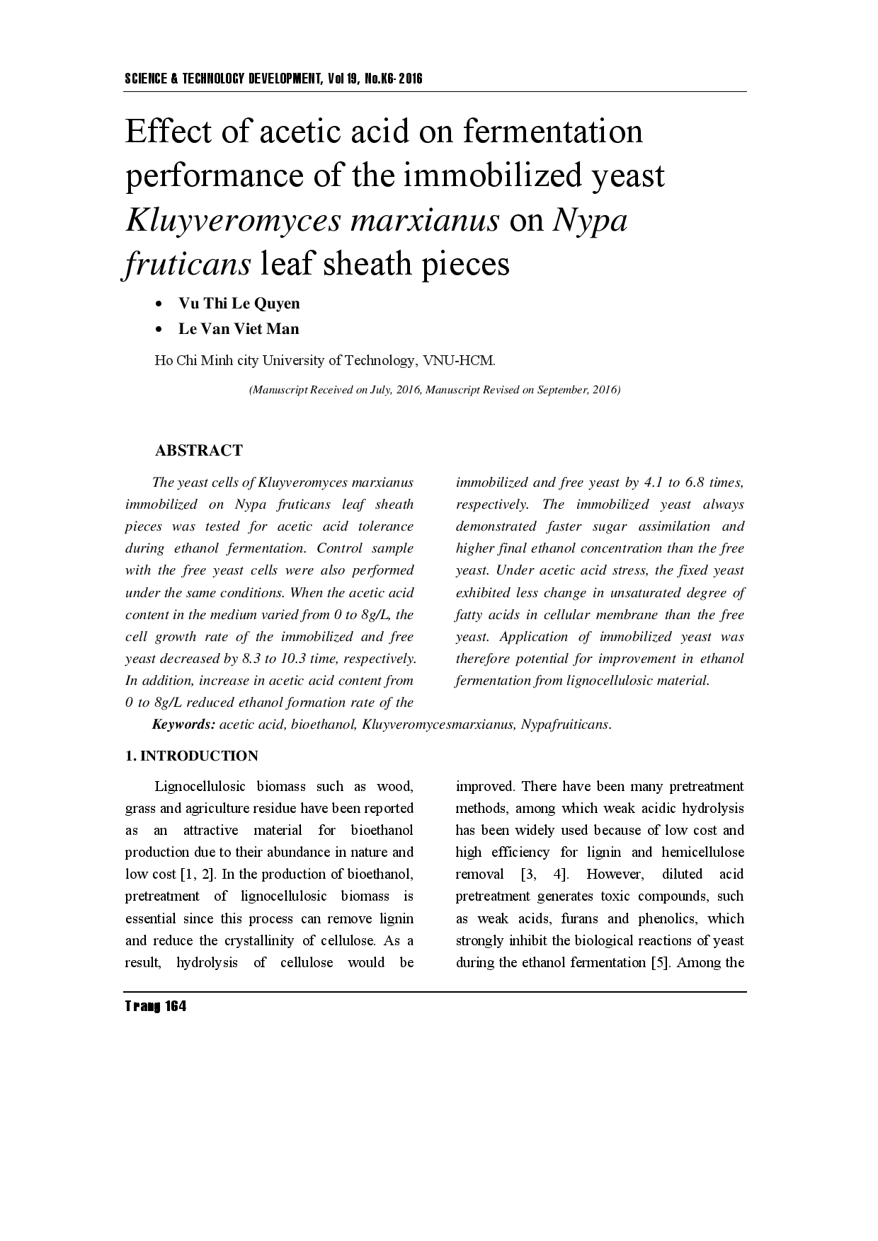 Ảnh hưởng của axit axetic đến hiệu suất lên men của nấm men bất động Kluyveromyces marxianus trên các mảnh bẹ lá Dừa nước