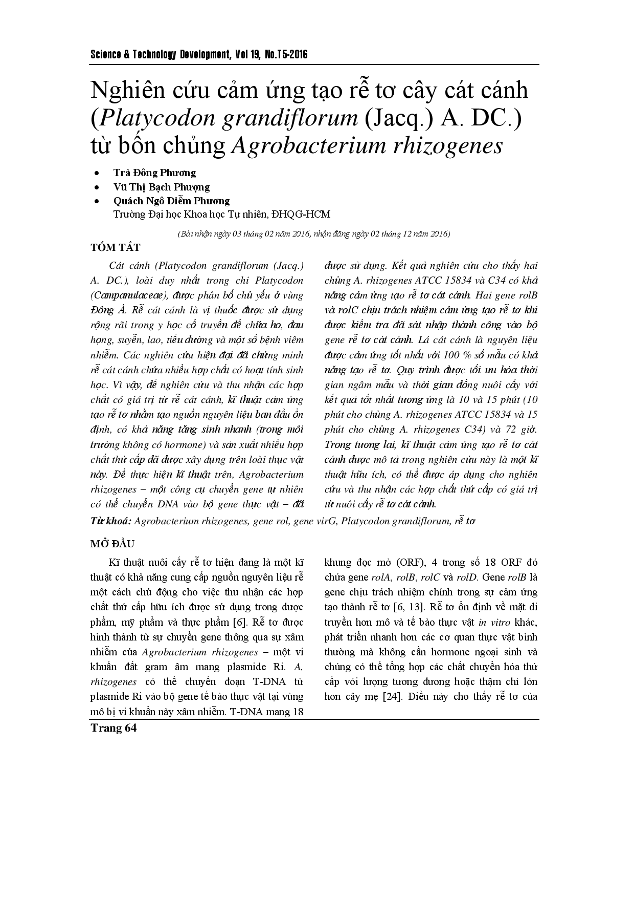 Sự cảm ứng của rễ lông Platycodon grandiflorum thông qua trung gian của bốn chủng vi khuẩn Agrobacterium rhizogenes