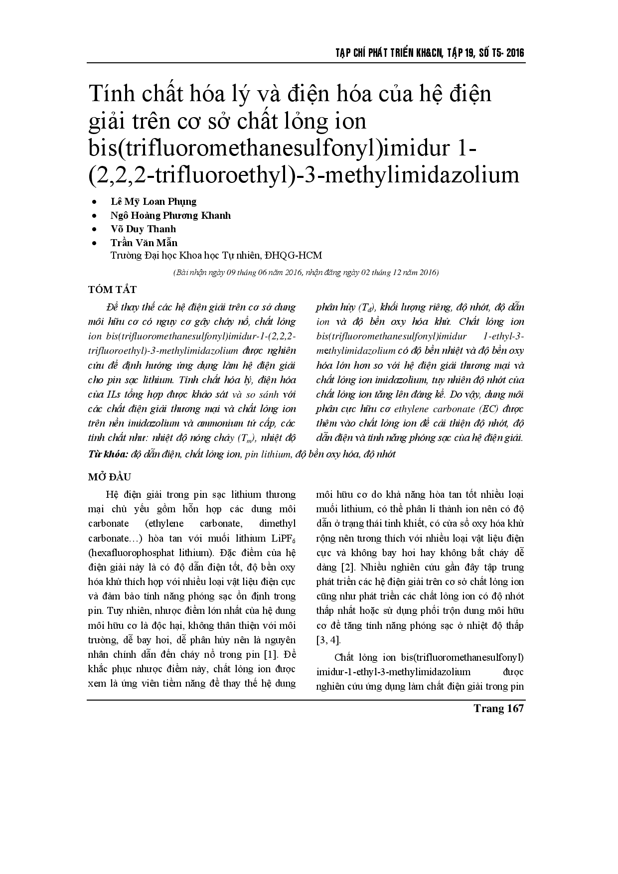 Nghiên cứu hóa lý và điện hóa của chất điện ly dựa trên bis (trifluoromethanesulfonyl) imidur 1- (2,2,2-trifluoroethyl) -3-metylimidazolium