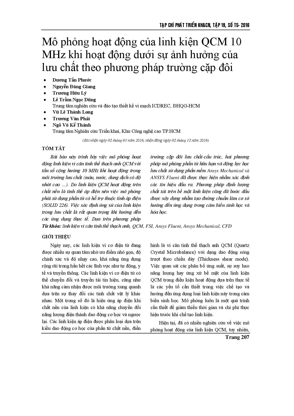 Mô phỏng hoạt động của vi cân bằng tinh thể thạch anh 10 MHz dưới tác dụng của phương pháp trường cặp đôi chất lỏng được sử dụng