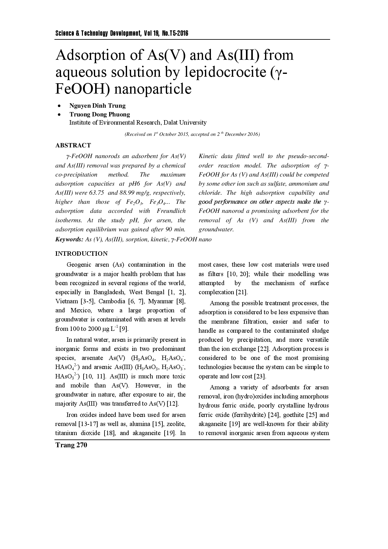 Hấp phụ As (V) và As (III) từ dung dịch nước bằng hạt nano lepidocrocite (γ-FeOOH)