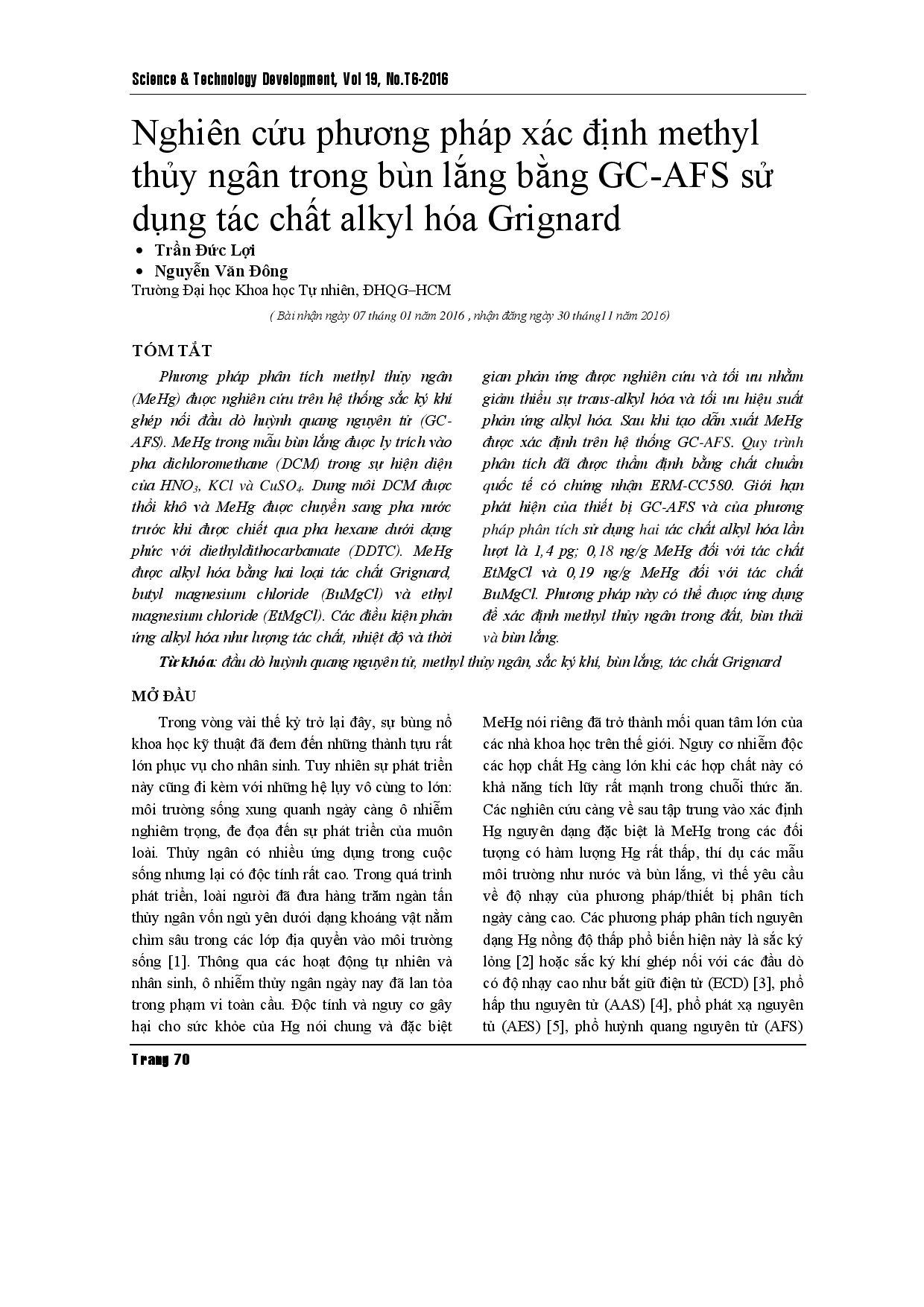 Nghiên cứu phương pháp phân tích methymecury trong trầm tích bằng phương pháp sắc ký khí-quang phổ huỳnh quang nguyên tử sử dụng thuốc thử Grignard để alkyl hóa