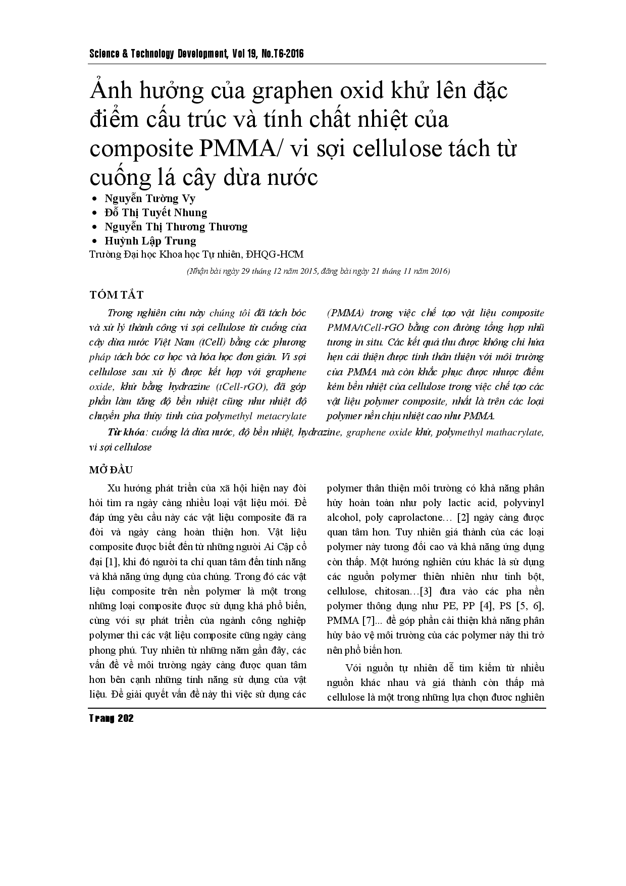 Ảnh hưởng của oxit graphen khử đến cấu trúc và tính chất nhiệt của sợi compoiste PMMA / micro-cellulose từ cuống lá cây dừa nước Việt Nam