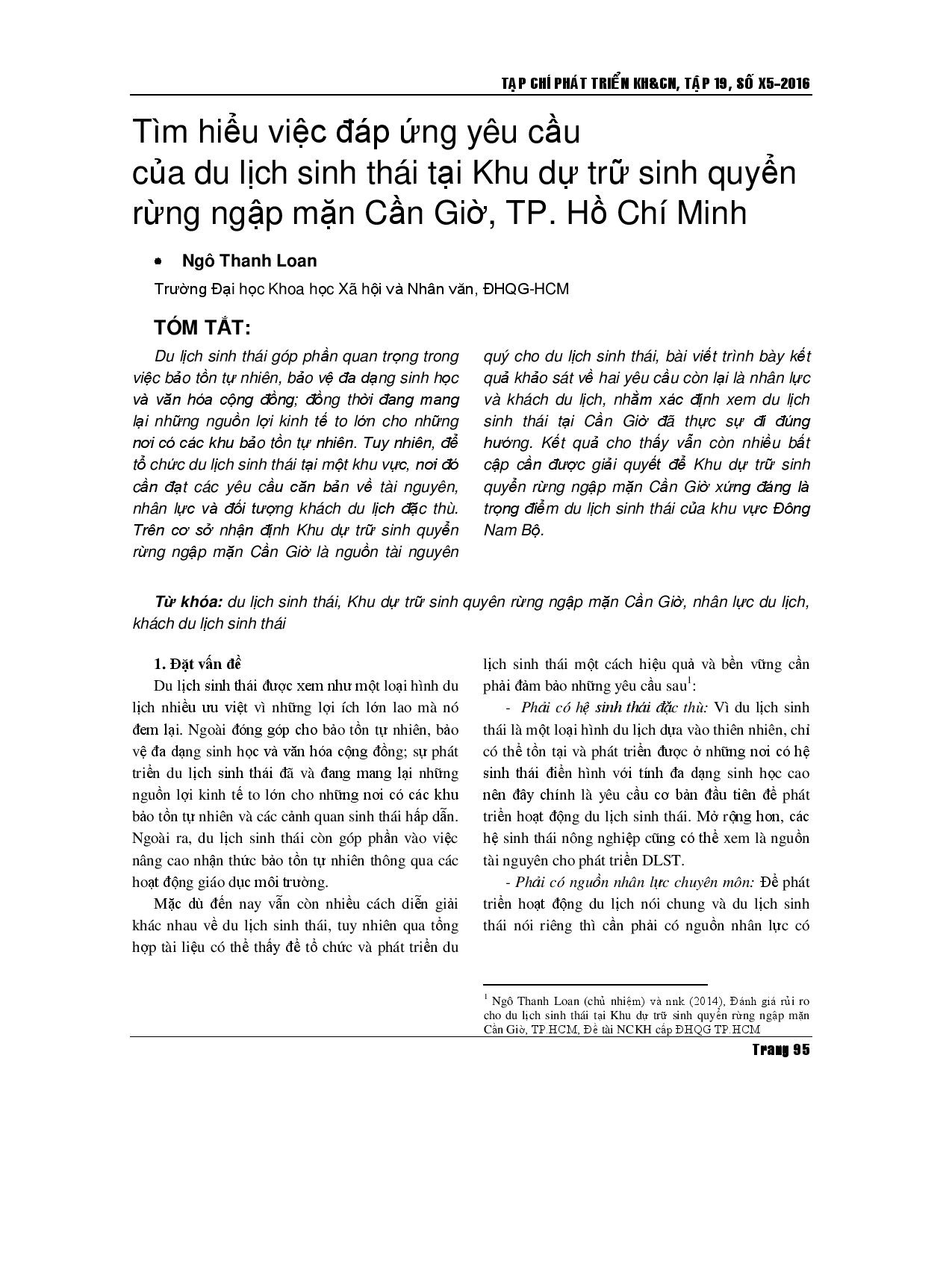 Nghiên cứu việc đáp ứng yêu cầu thực tiễn của du lịch sinh thái tại Khu dự trữ sinh quyển thế giới rừng ngập mặn Cần Giờ, TP.