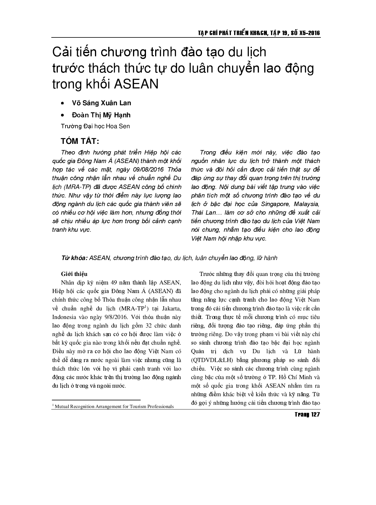 Đổi mới chương trình đào tạo du lịch đại học để đáp ứng thách thức của việc di chuyển lao động tự do trong ASEAN