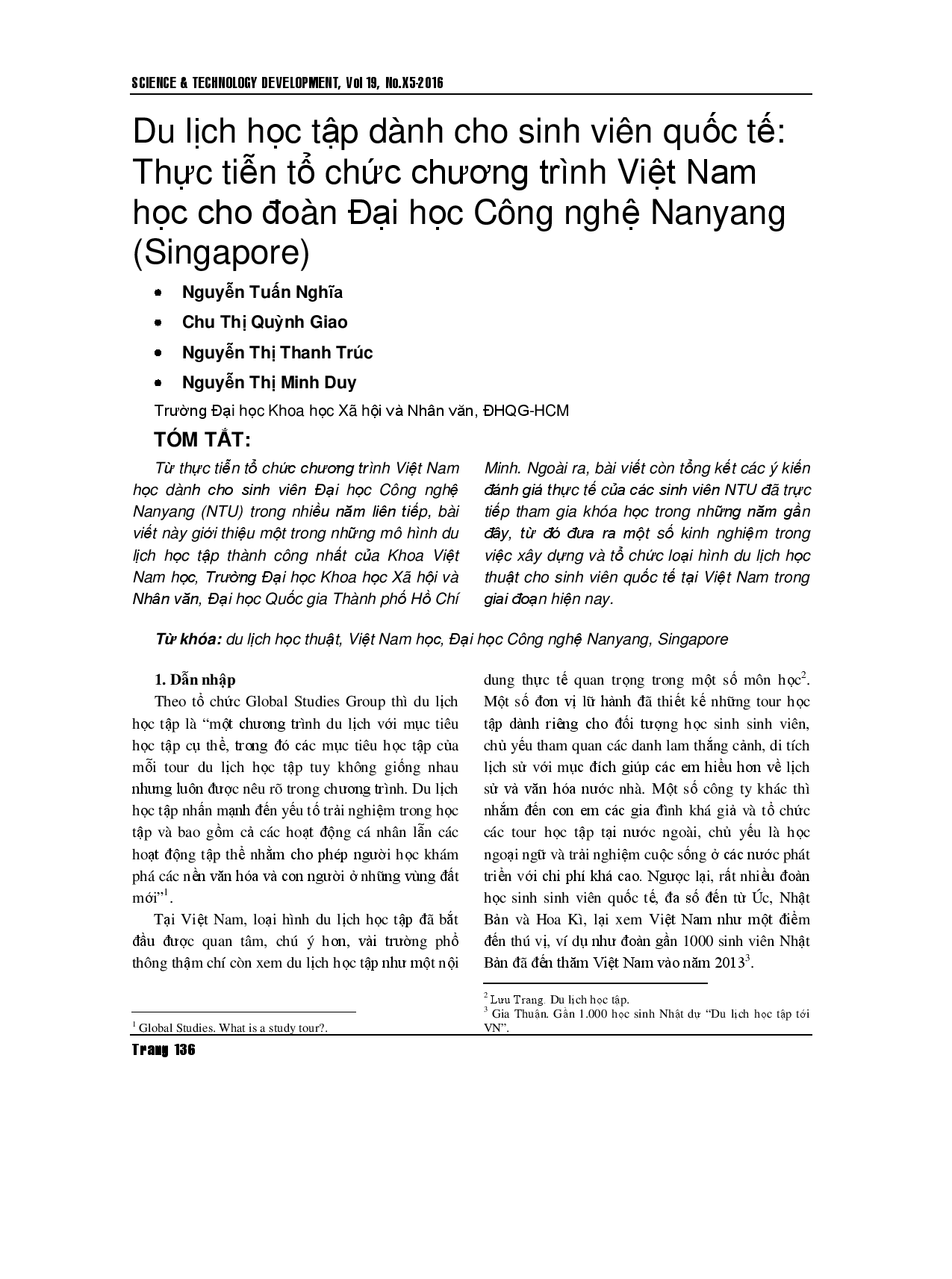 Tham quan học tập dành cho sinh viên quốc tế: thực trạng tổ chức chương trình Việt Nam học cho sinh viên trường Đại học Công nghệ Nanyang (Singapore)