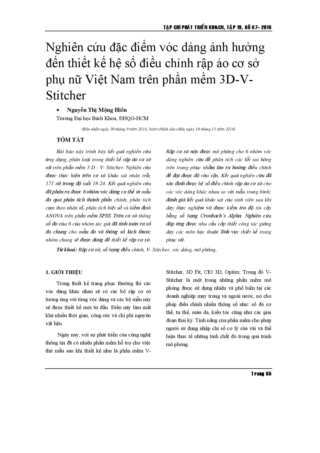 Một nghiên cứu về các đặc điểm của somatotype ảnh hưởng đến hệ số tương quan thiết kế cho khối cơ bản của phụ nữ Việt Nam bằng 3D V- Stitcher