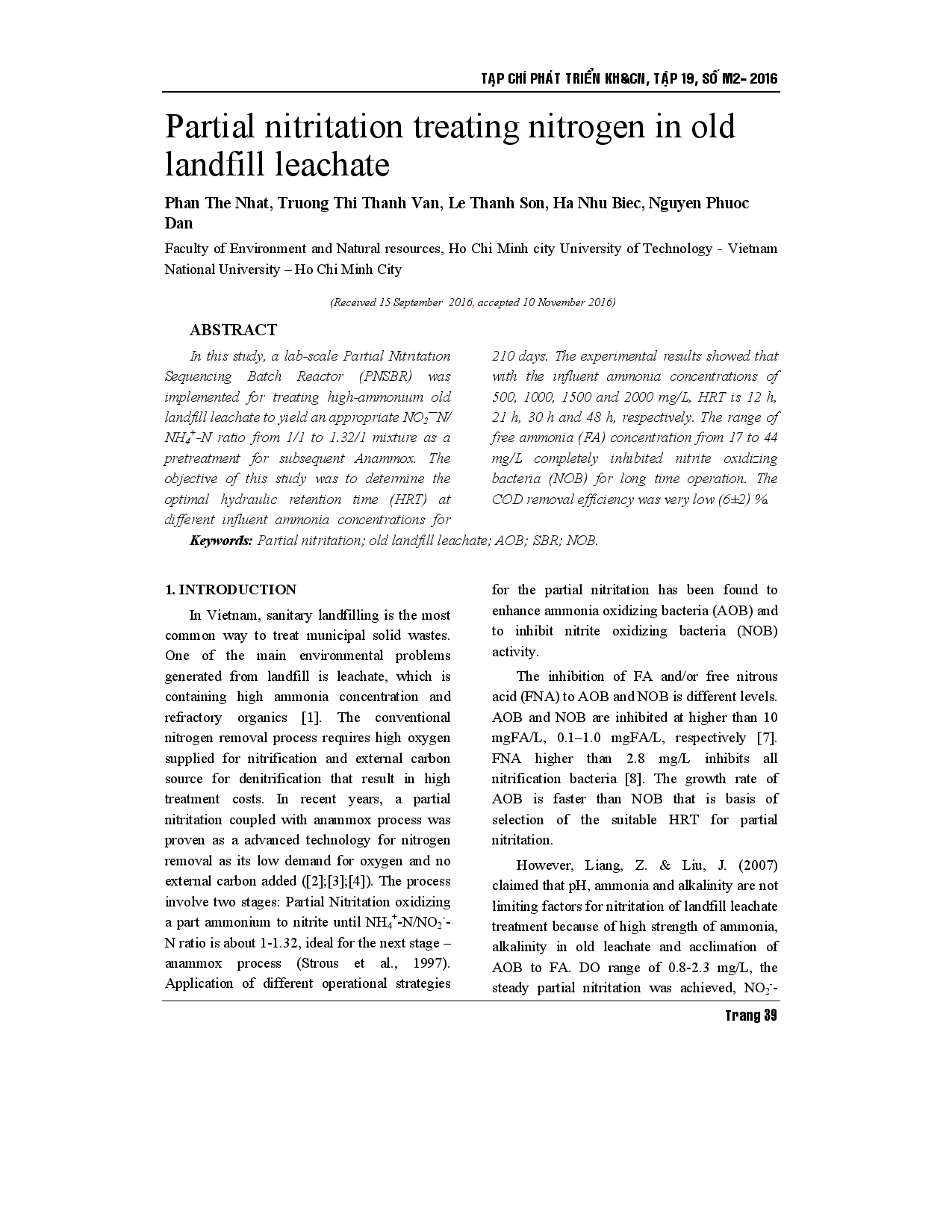 Partial nitritation treating nitrogen in old landfill leachate