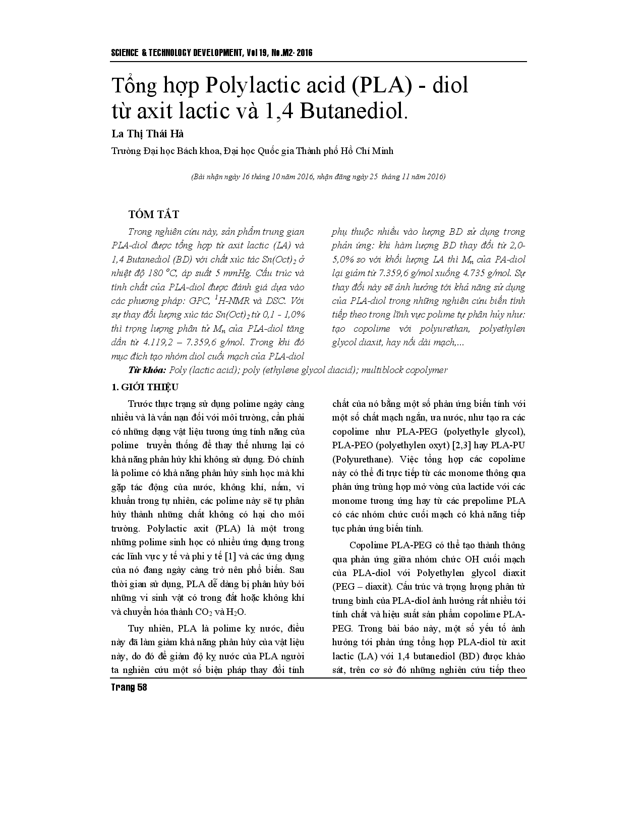 Synthesis of polylactic acid-diol (PLA-diol) from lactic acid and 1,4-butanediol