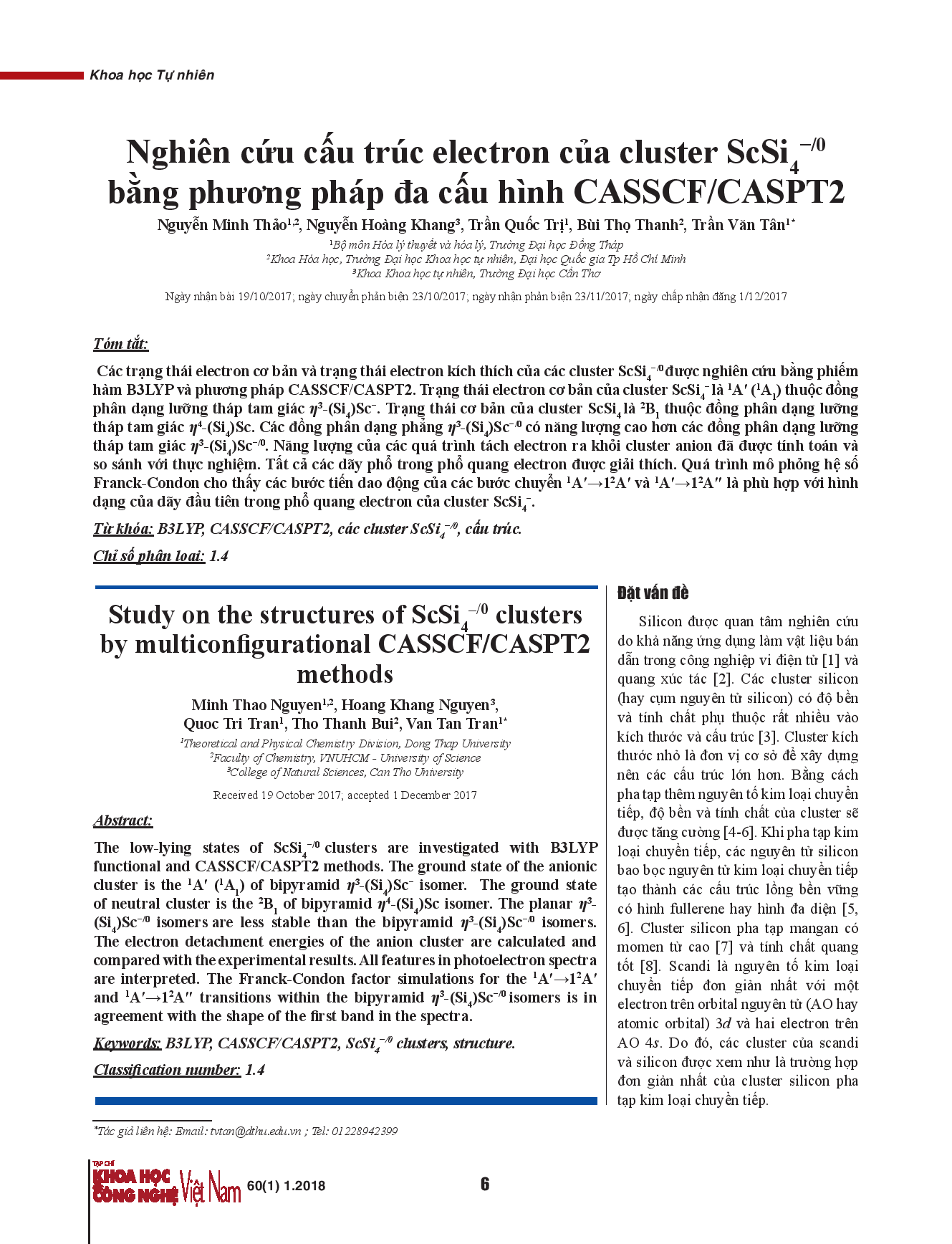 Nghiên cứu cấu trúc electron của cluster ScSi4−/0 bằng phương pháp đa cấu hình CASSCF/CASPT2