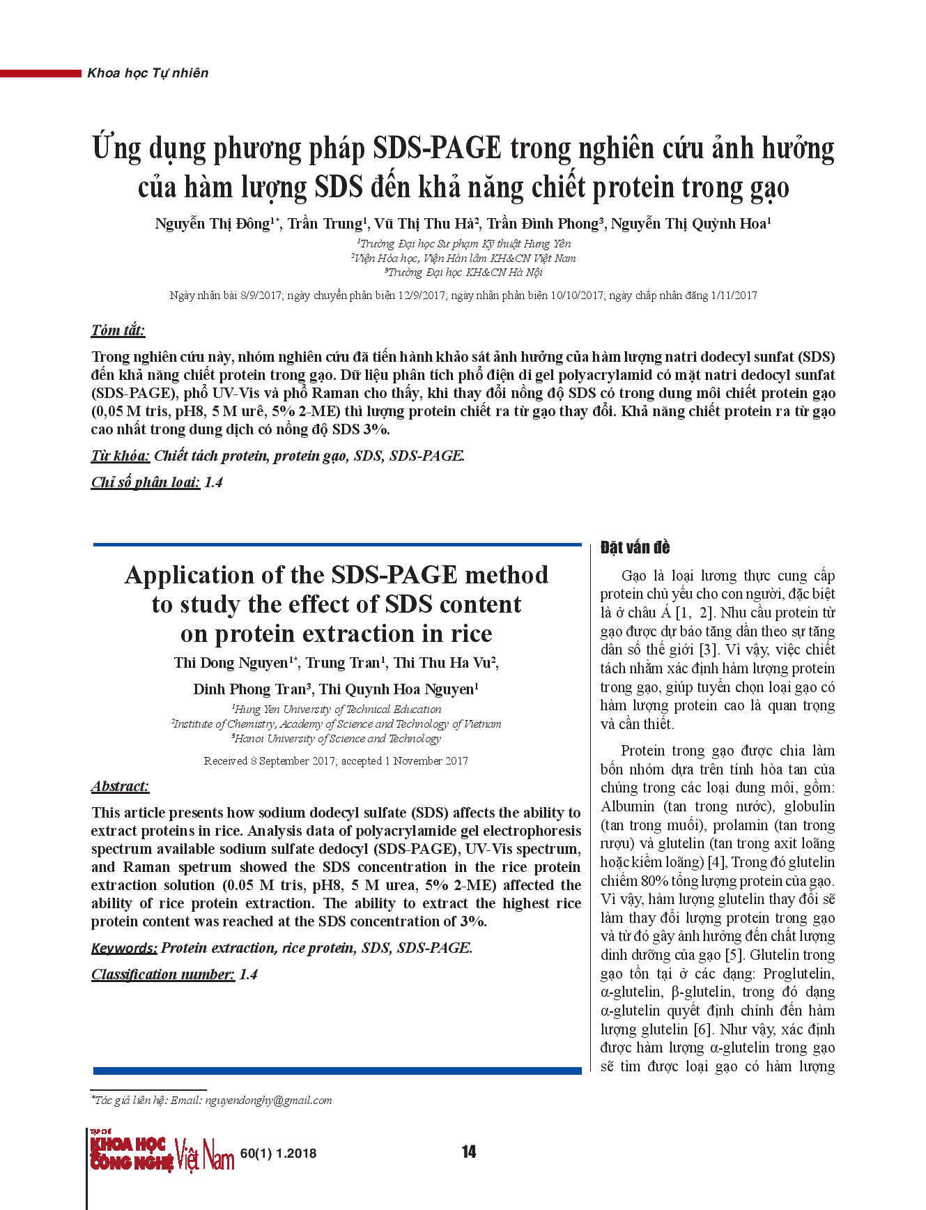 Ứng dụng phương pháp SDS-PAGE trong nghiên cứu ảnh hưởng của hàm lượng SDS đến khả năng chiết protein trong gạo