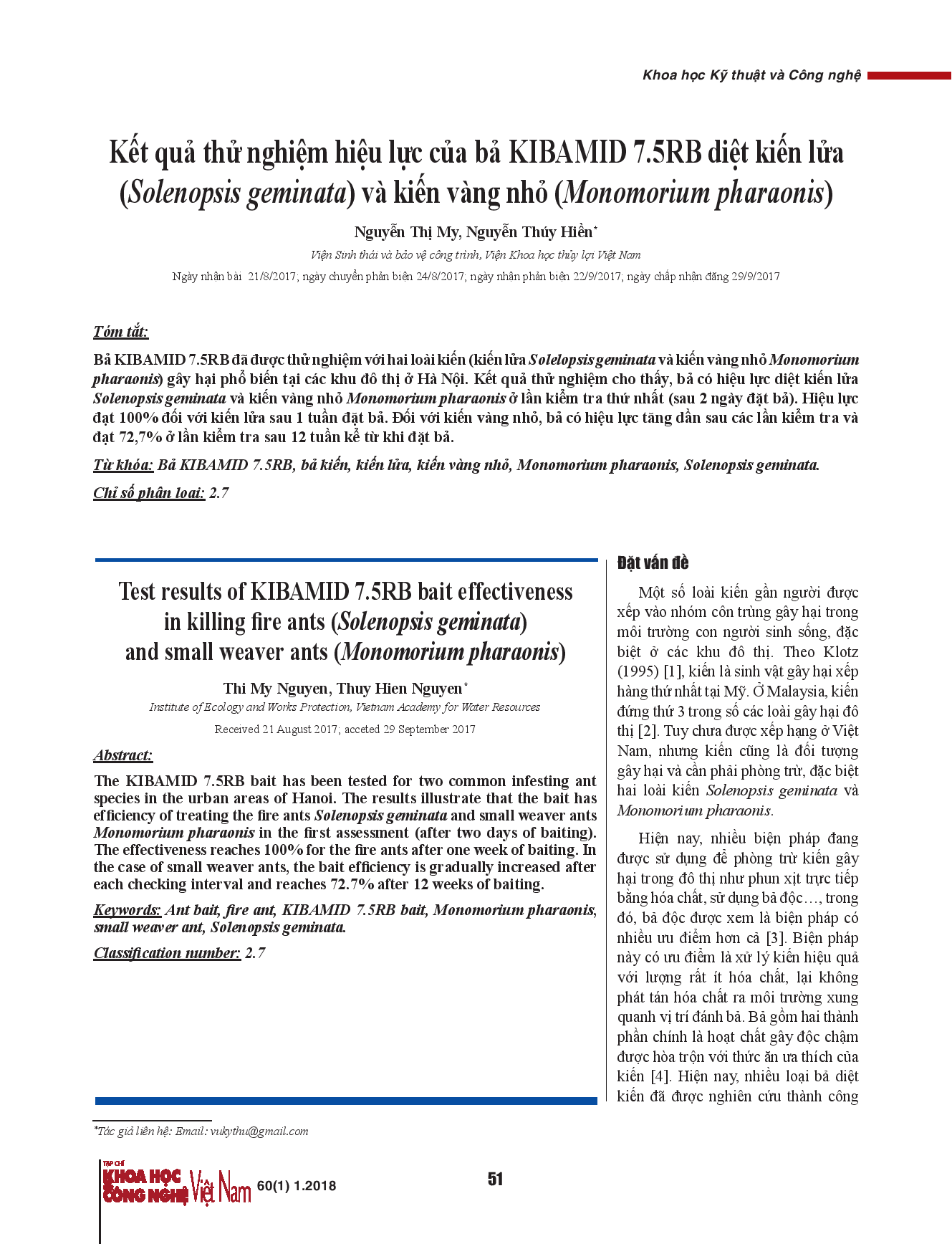 Kết quả thử nghiệm hiệu lực của bả KIBAMID 7.5RB diệt kiến lửa (Solenopsis geminata) và kiến vàng nhỏ (Monomorium pharaonis)