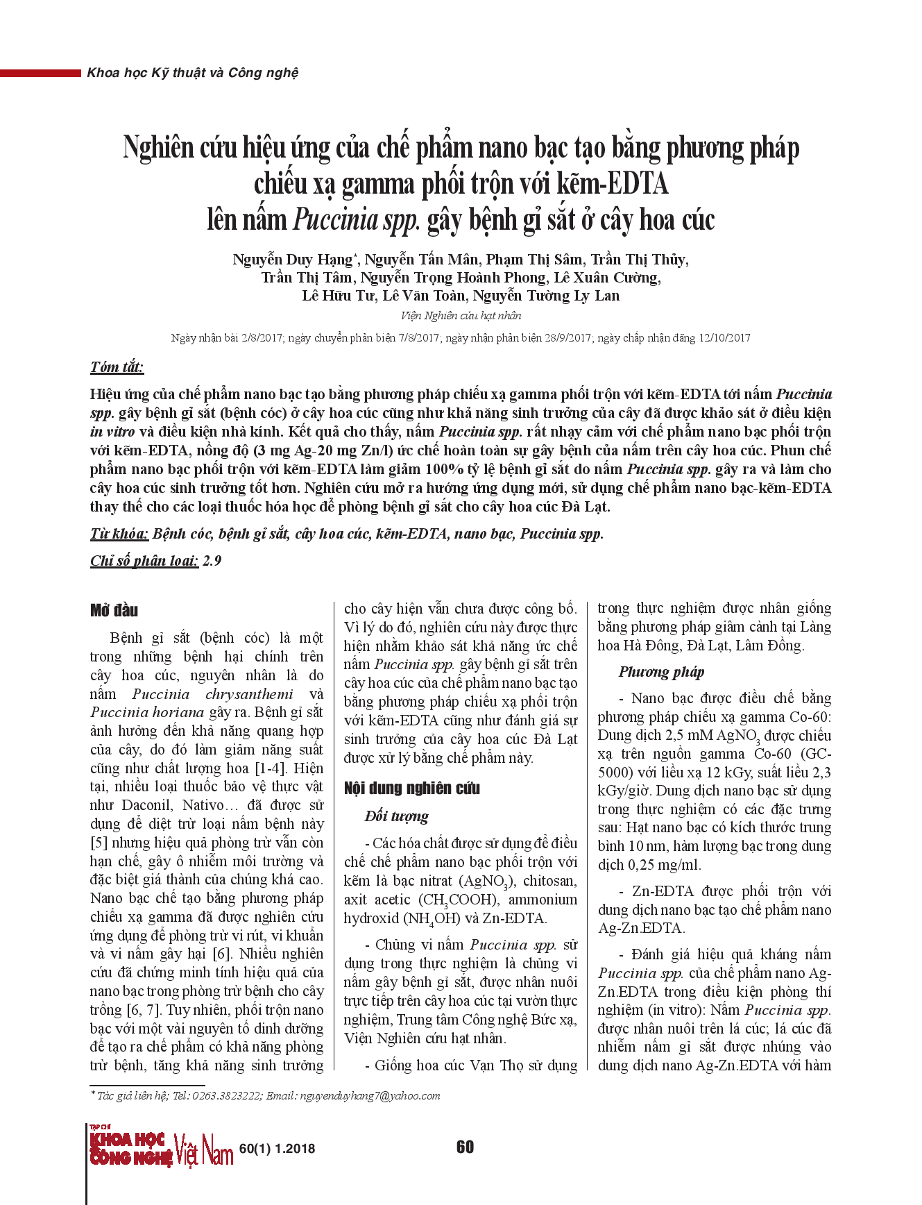 Nghiên cứu hiệu ứng của chế phẩm nano bạc tạo bằng phương pháp chiếu xạ gamma phối trộn với kẽm-EDTA lên nấm Puccinia spp. gây bệnh gỉ sắt ở cây hoa cúc