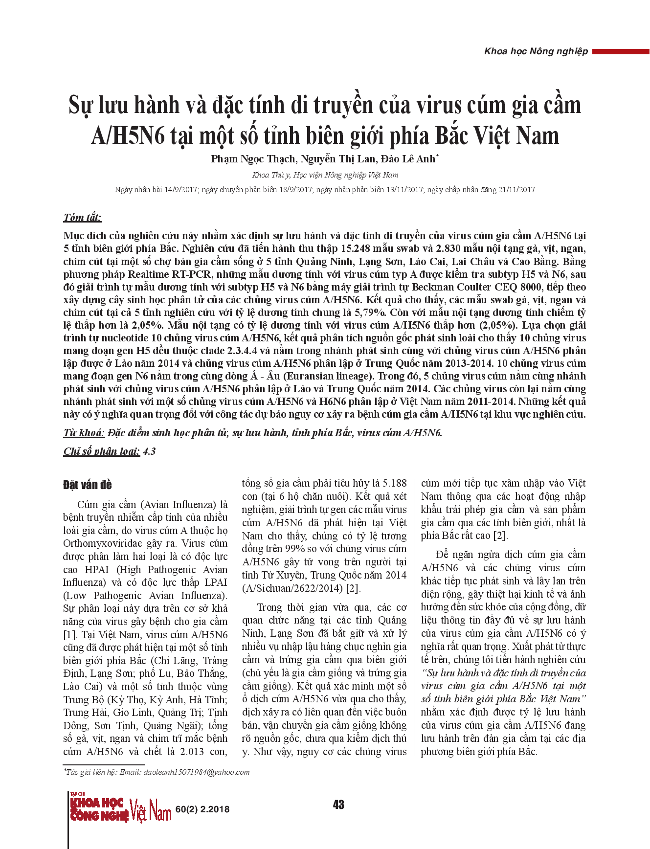 Sự lưu hành và đặc tính di truyền của virus cúm gia cầm A/H5N6 tại một số tỉnh biên giới phía Bắc Việt Nam