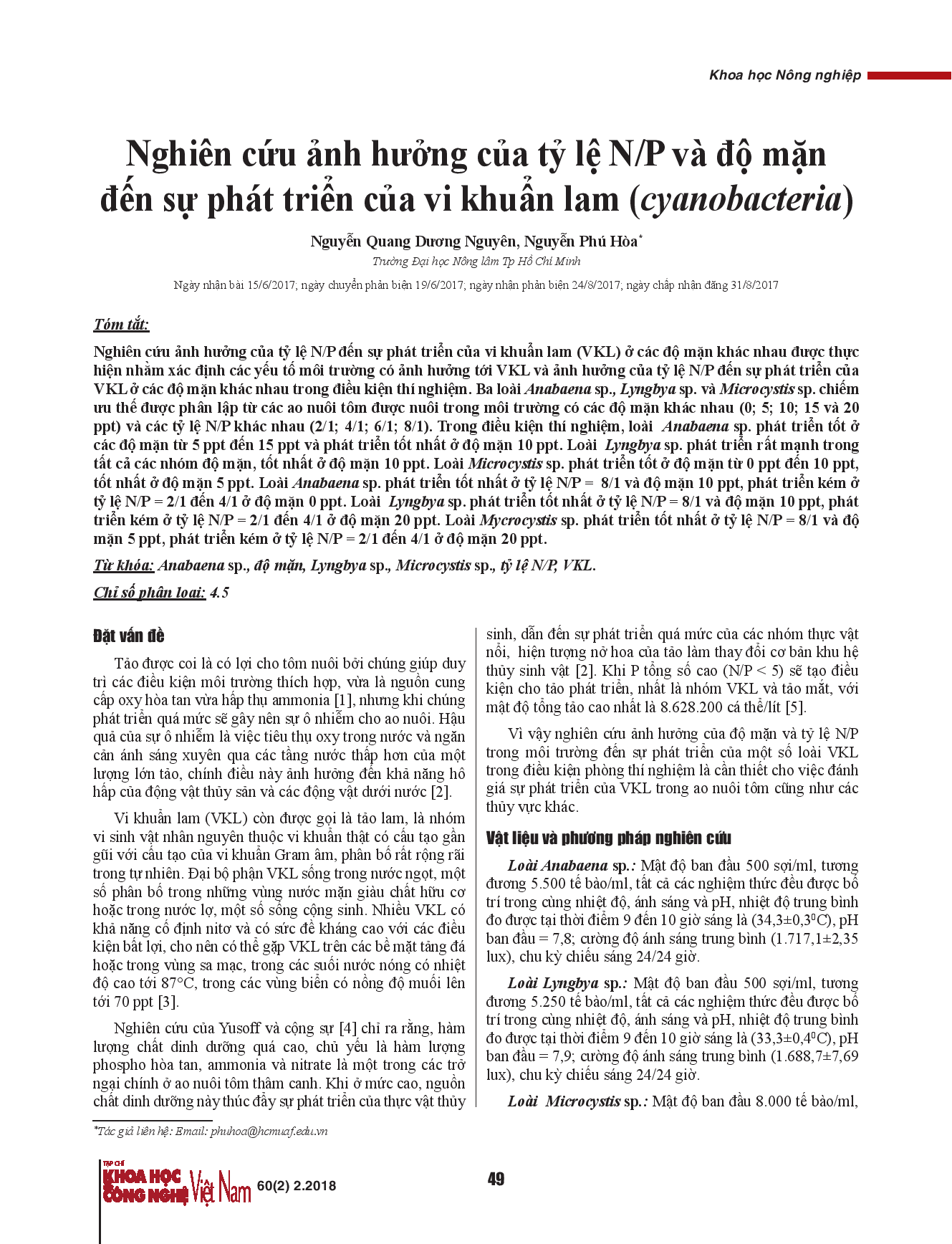 Nghiên cứu ảnh hưởng của tỷ lệ N/P và độ mặn đến sự phát triển của vi khuẩn lam (cyanobacteria)