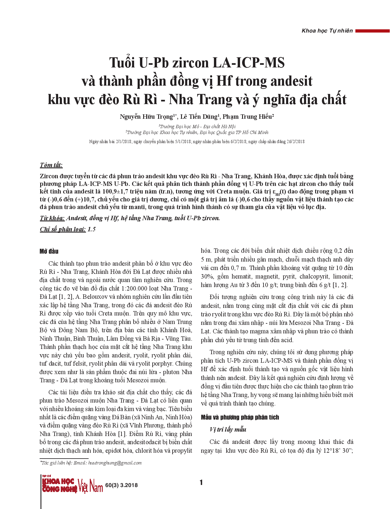 Tuổi U-Pb zircon LA-ICP-MS và thành phần đồng vị Hf trong andesit khu vực đèo Rù Rì - Nha Trang và ý nghĩa địa chất