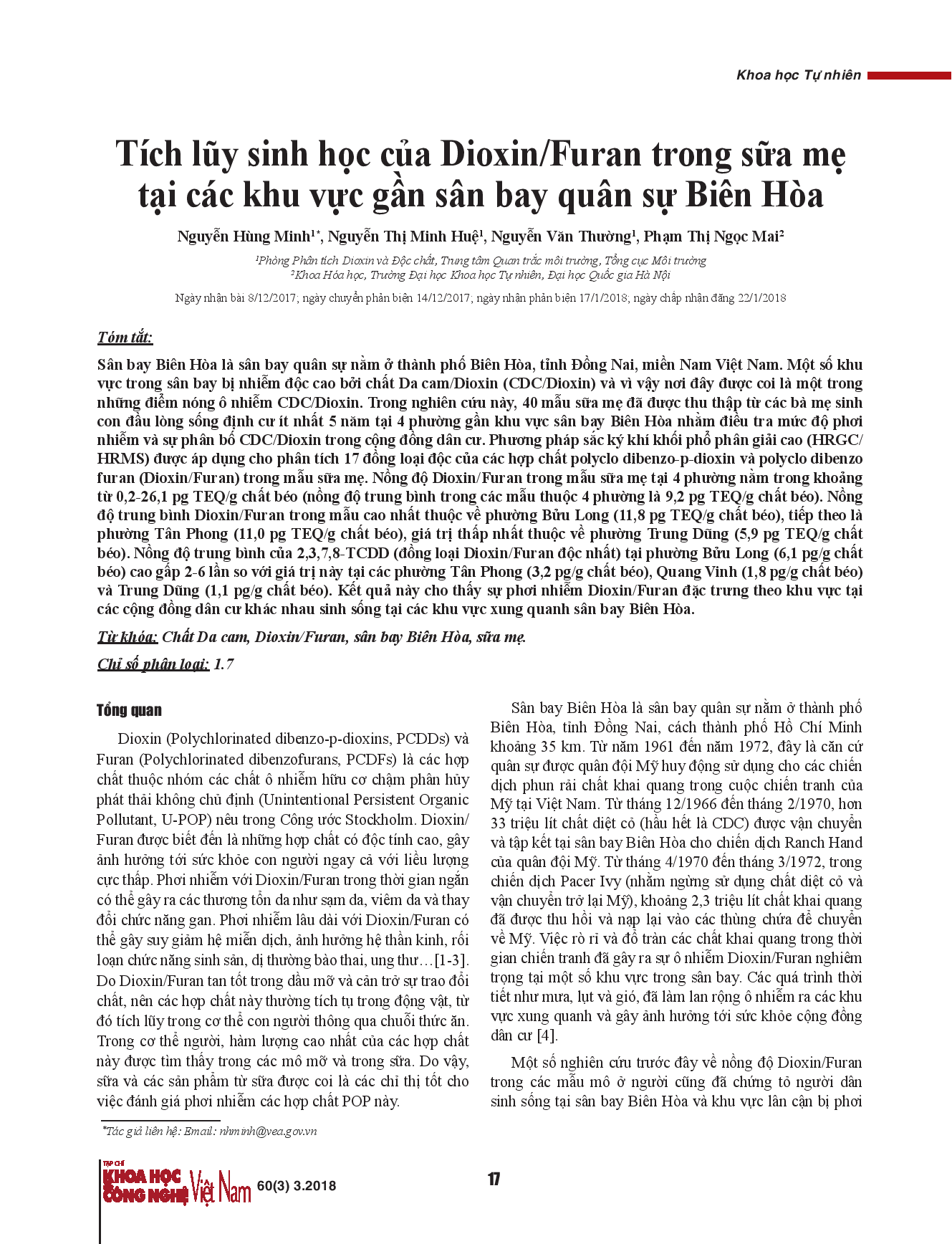 Tích lũy sinh học của Dioxin/Furan trong sữa mẹ tại các khu vực gần sân bay quân sự Biên Hòa