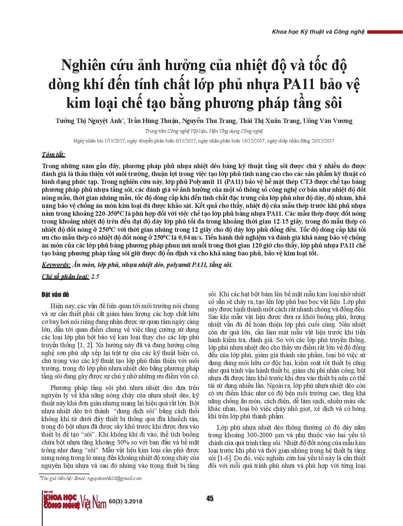 Nghiên cứu ảnh hưởng của nhiệt độ và tốc độ dòng khí đến tính chất lớp phủ nhựa PA11 bảo vệ kim loại chế tạo bằng phương pháp tầng sôi