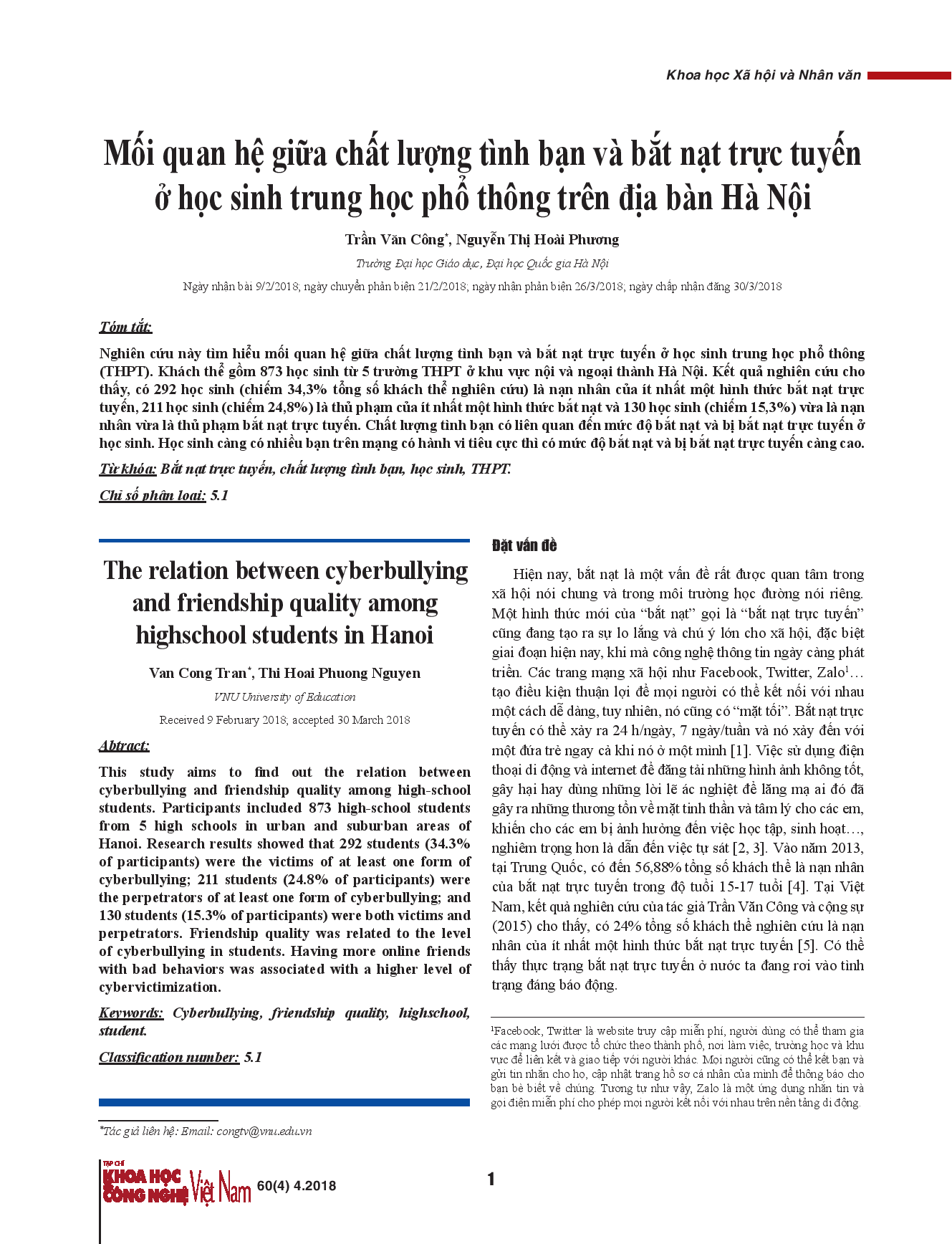 Mối quan hệ giữa chất lượng tình bạn và bắt nạt trực tuyến ở học sinh trung học phổ thông trên địa bàn Hà Nội