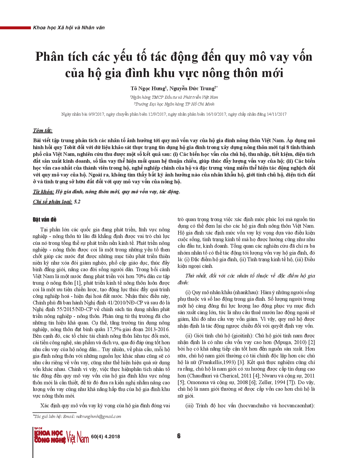 Phân tích các yếu tố tác động đến quy mô vay vốn của hộ gia đình khu vực nông thôn mới