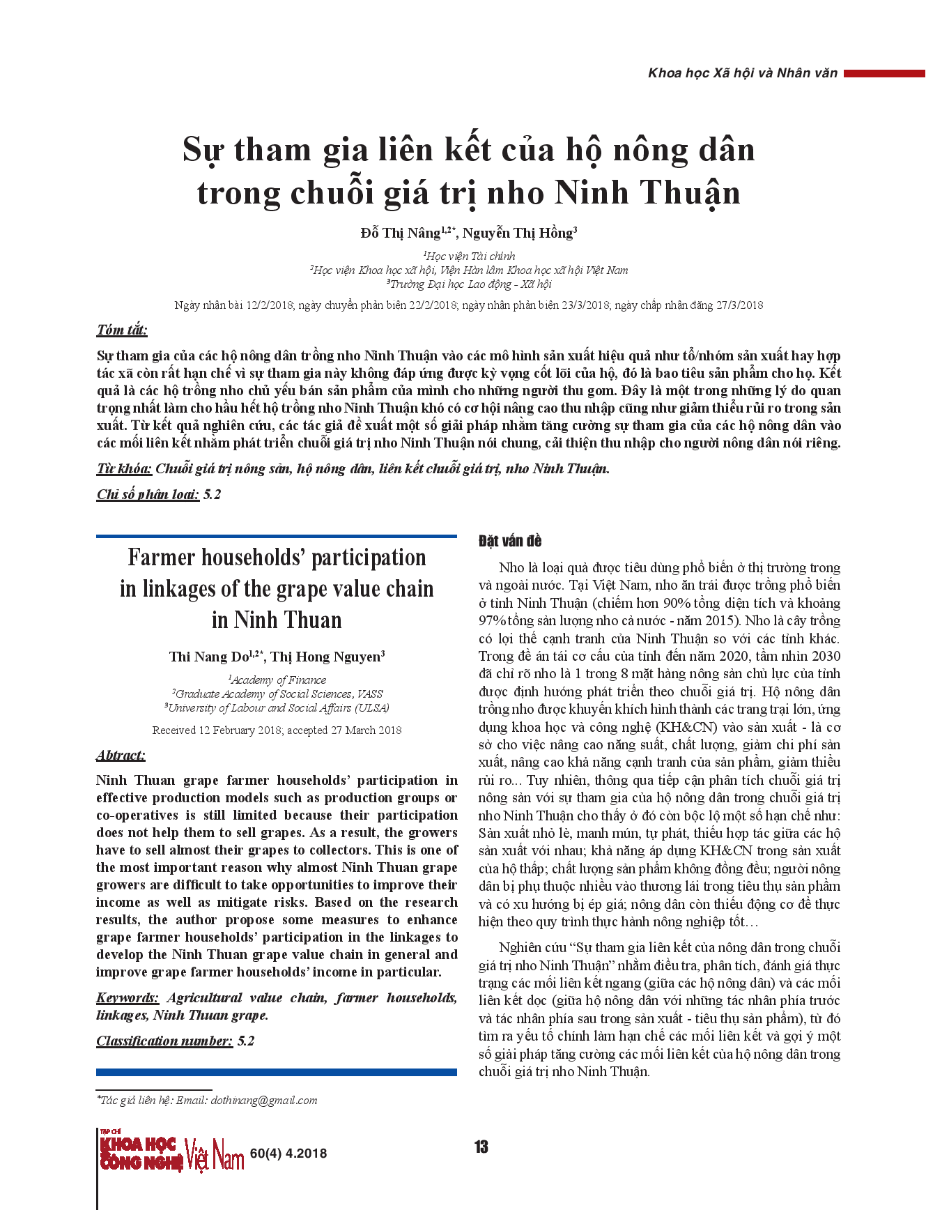 Sự tham gia liên kết của hộ nông dân trong chuỗi giá trị nho Ninh Thuận