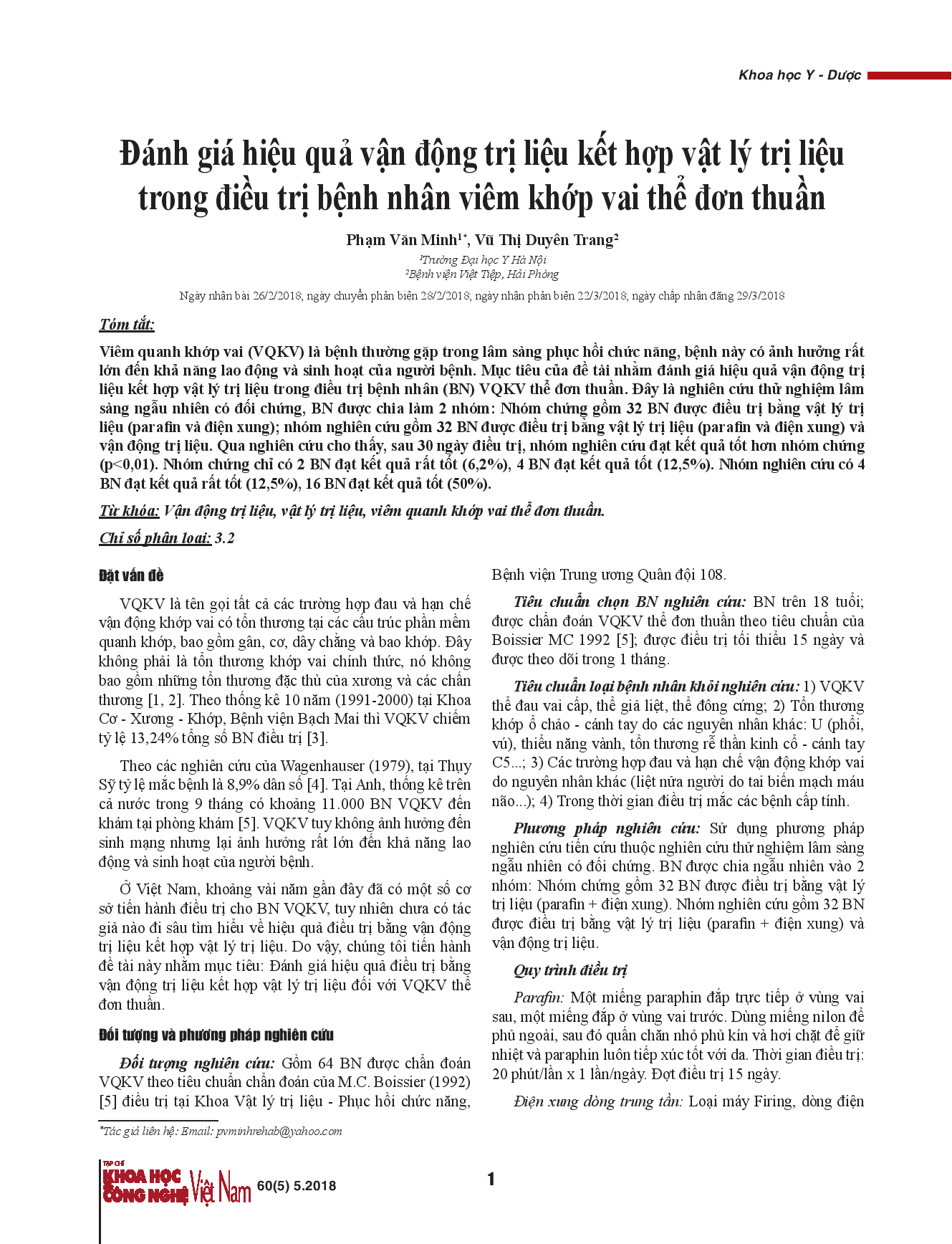 Đánh giá hiệu quả vận động trị liệu kết hợp vật lý trị liệu trong điều trị bệnh nhân viêm khớp vai thể đơn thuần