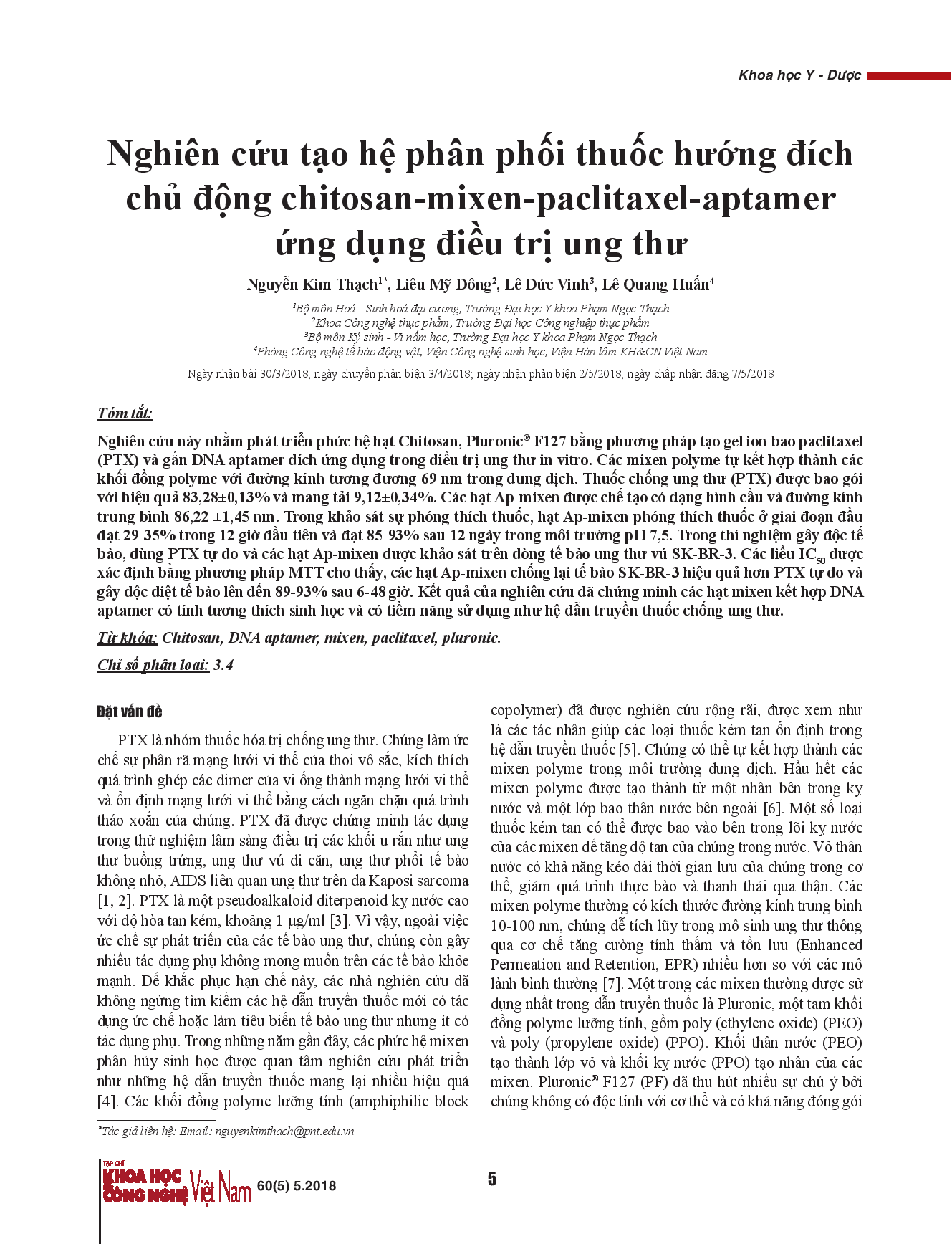 Nghiên cứu tạo hệ phân phối thuốc hướng đích chủ động chitosan-mixen- paclitaxel-aptamer ứng dụng điều trị ung thư