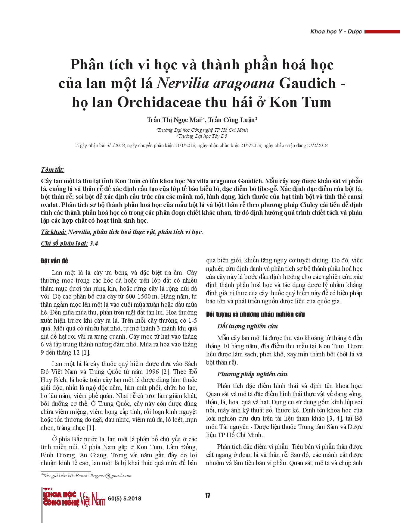 Phân tích vi học và thành phần hoá học của lan một lá Nervilia aragoana Gaudich - họ lan Orchidaceae thu hái ở Kon Tum