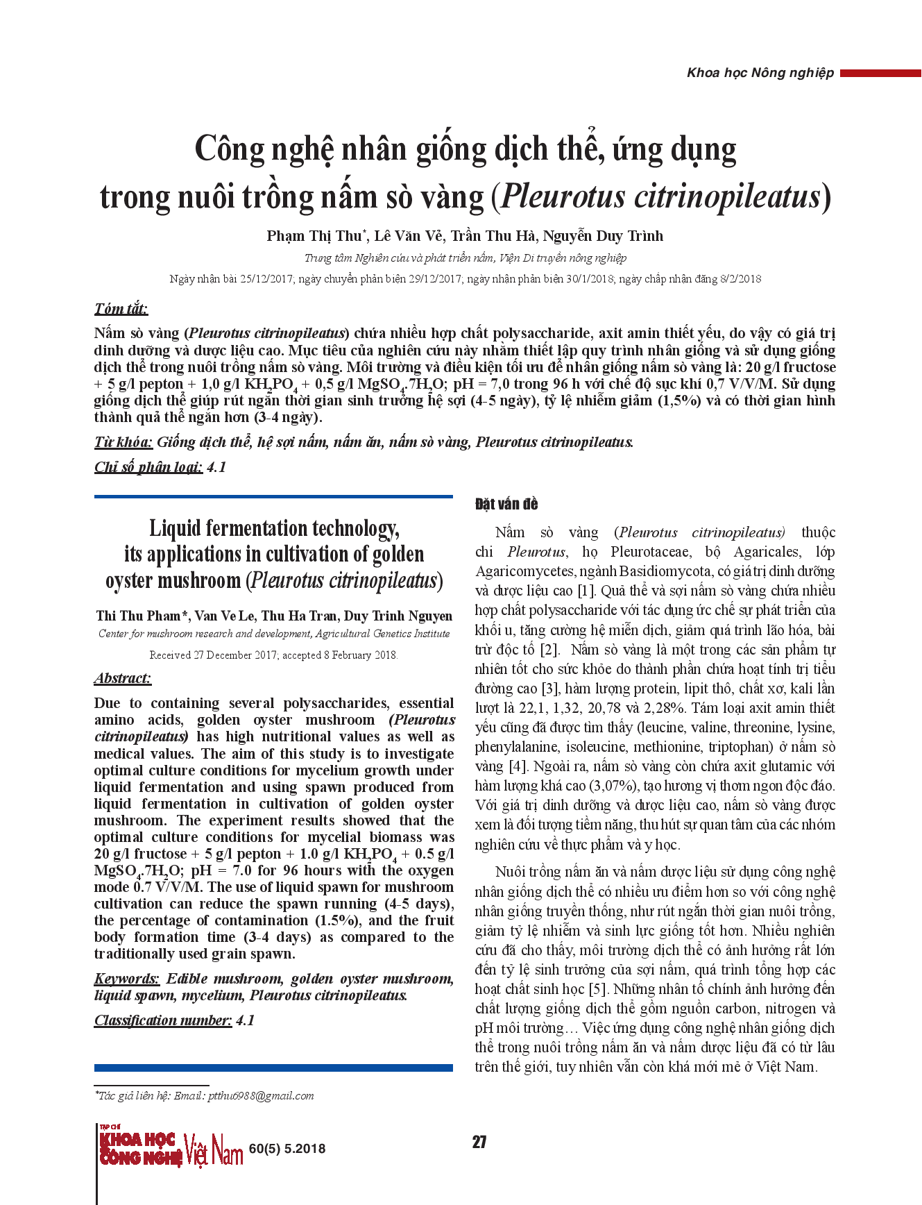 Công nghệ nhân giống dịch thể, ứng dụng trong nuôi trồng nấm sò vàng (Pleurotus citrinopileatus)